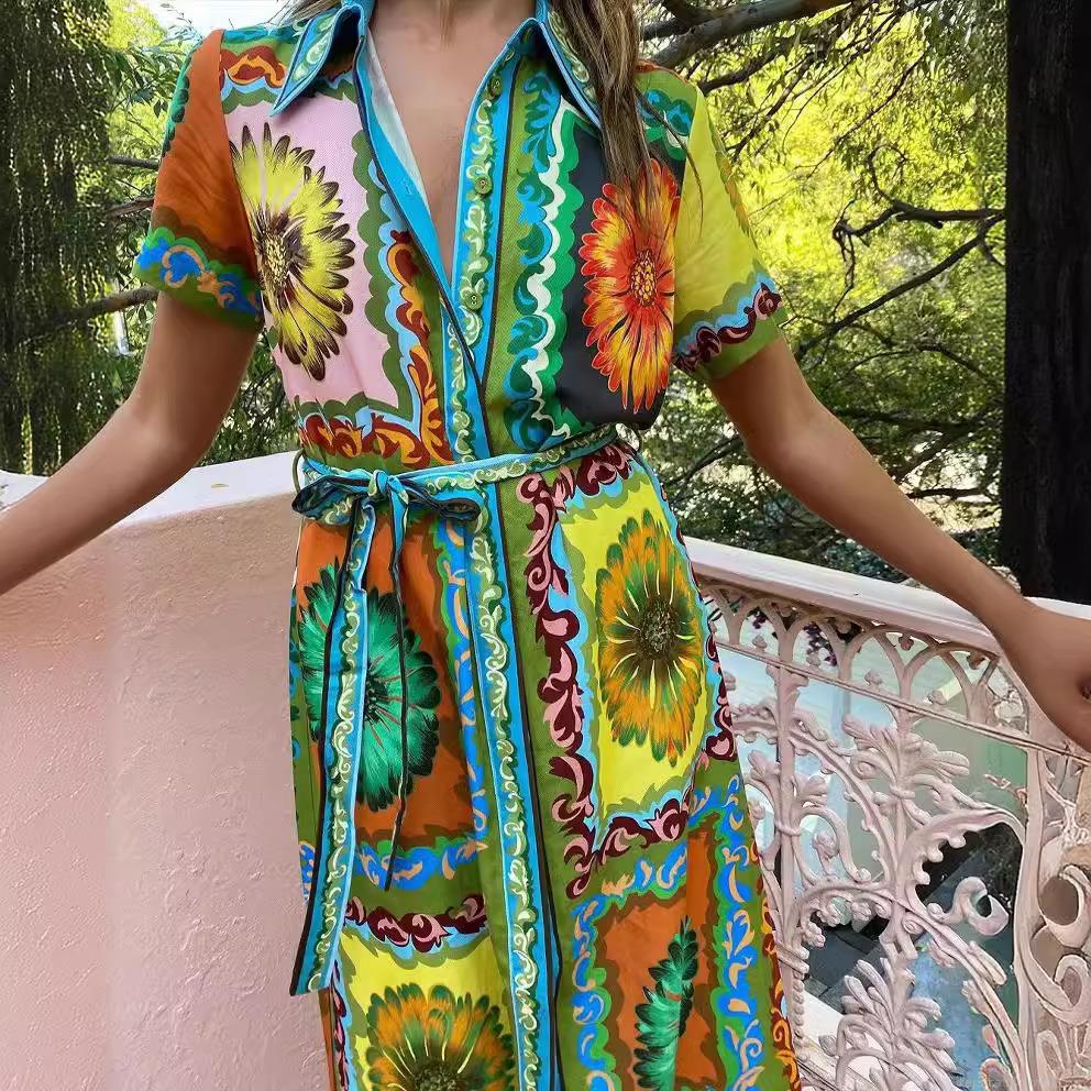 Women's Vintage Sunflower Print Short Sleeve Shirt Dress Elegant Lapel Button Down Midi Dress With Belt For Summer Vacation Boho Style Women's Vintage Sunflower Print Short Sleeve Shirt Dress Elegant Lapel Button Down Midi Dress With Belt For Summer Vacation Boho Style