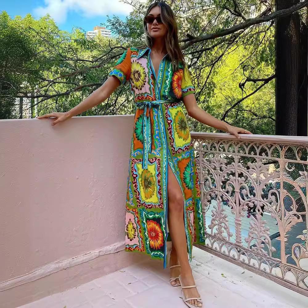 Women\'s Vintage Sunflower Print Short Sleeve Shirt Dress Elegant Lapel Button Down Midi Dress With Belt For Summer Vacation Boho Style