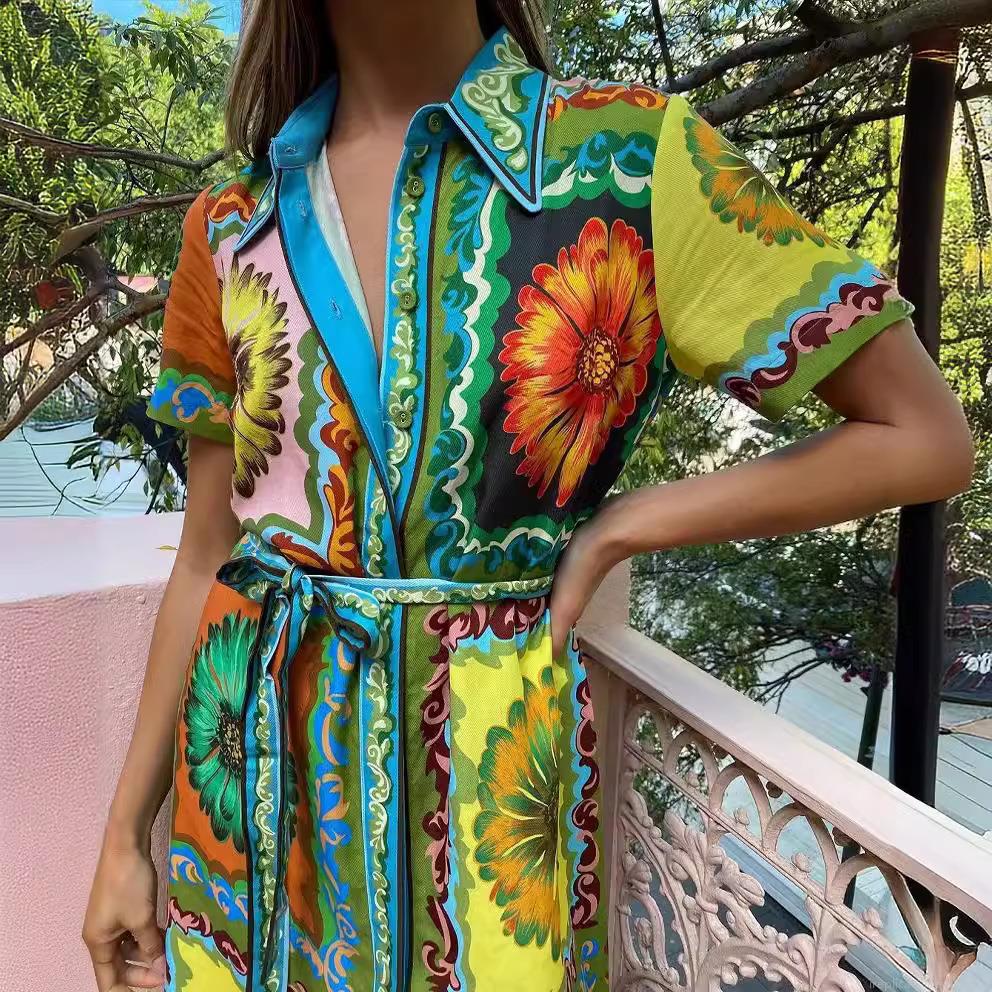 Women\'s Vintage Sunflower Print Short Sleeve Shirt Dress Elegant Lapel Button Down Midi Dress With Belt For Summer Vacation Boho Style