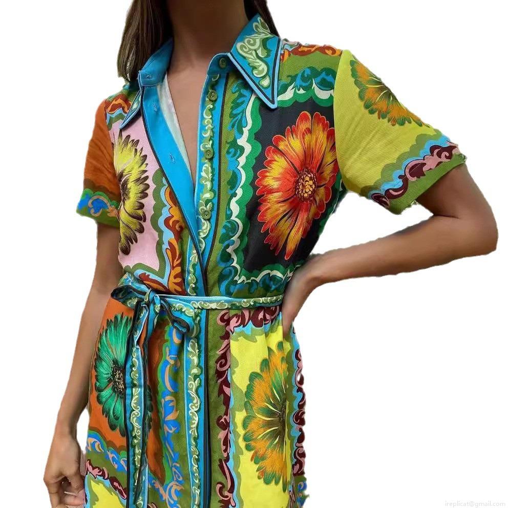 Women\'s Vintage Sunflower Print Short Sleeve Shirt Dress Elegant Lapel Button Down Midi Dress With Belt For Summer Vacation Boho Style