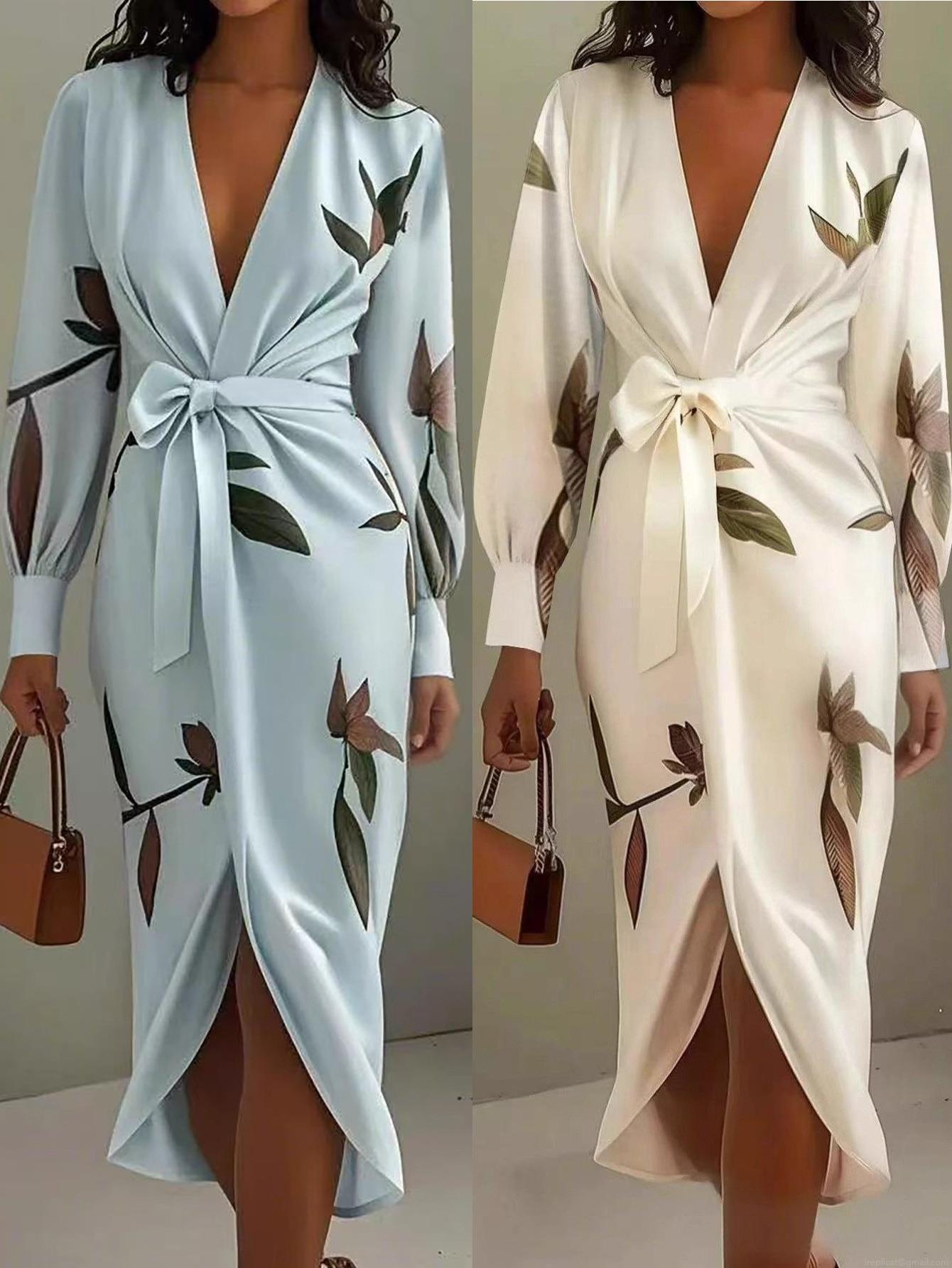 Women's Elegant Wrap Dress Satin Polyester Deep V-Neck Long Sleeve Floral Leaf Print Belted Midi Dress For Date Office Daily Wear Women's Elegant Wrap Dress Satin Polyester Deep V-Neck Long Sleeve Floral Leaf Print Belted Midi Dress For Date Office Daily Wear