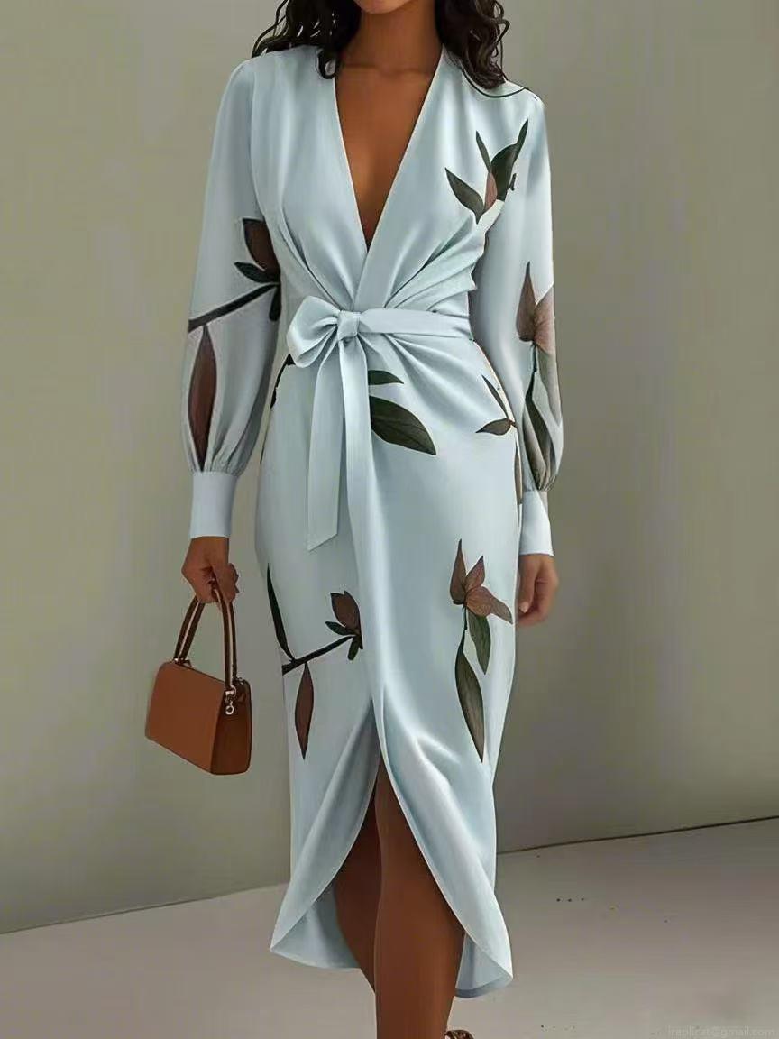 Women\'s Elegant Wrap Dress Satin Polyester Deep V-Neck Long Sleeve Floral Leaf Print Belted Midi Dress For Date Office Daily Wear