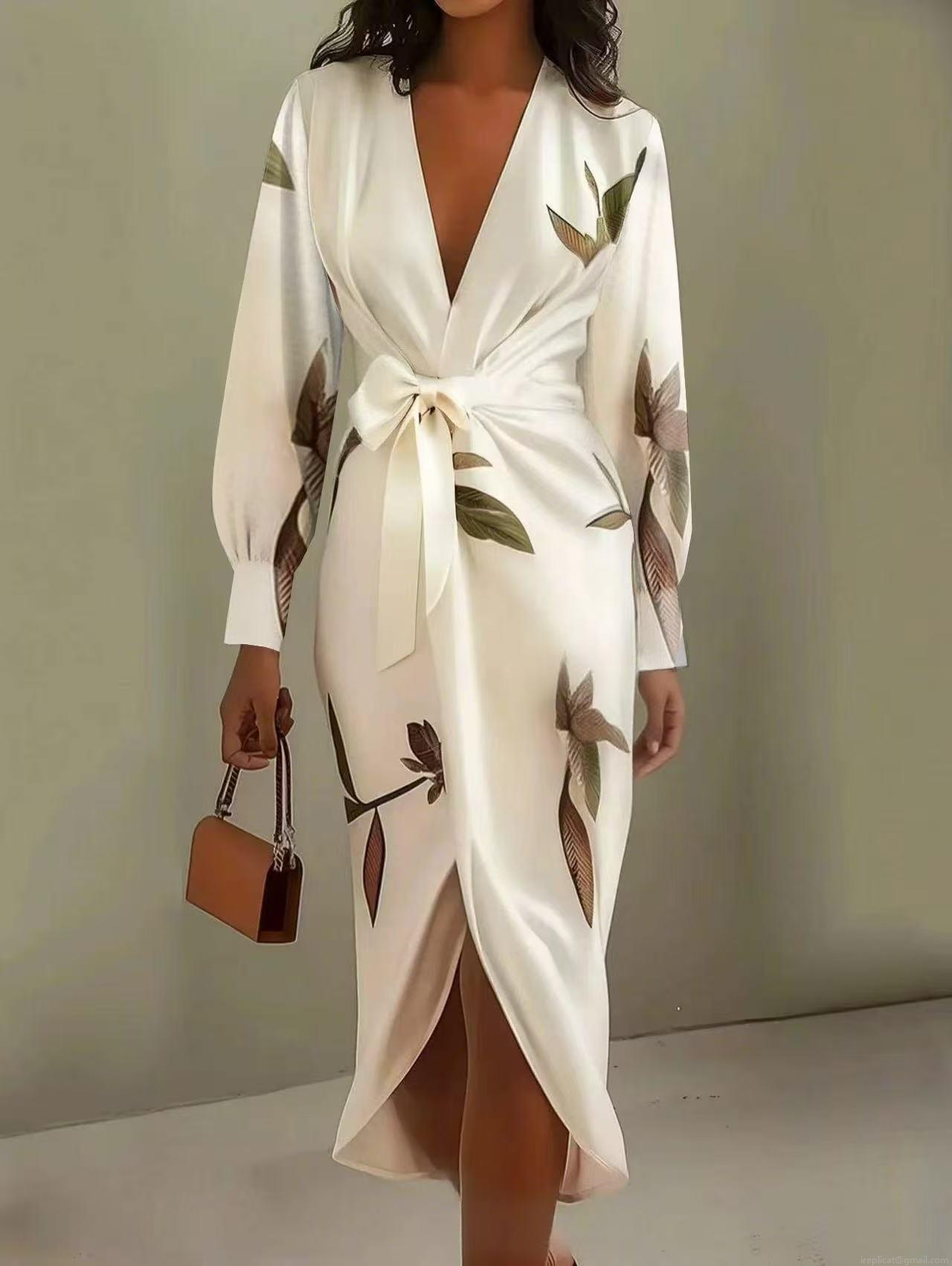 Women\'s Elegant Wrap Dress Satin Polyester Deep V-Neck Long Sleeve Floral Leaf Print Belted Midi Dress For Date Office Daily Wear