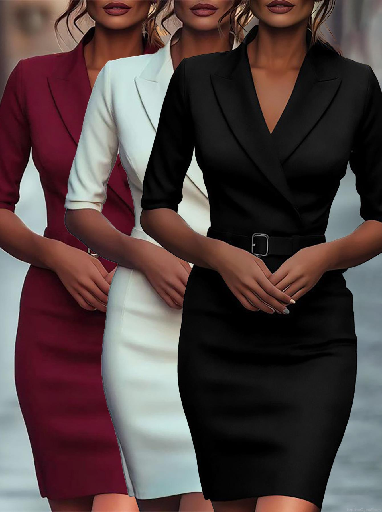 Elegant Women's Lapel Blazer Dress Solid Color Slim Fit Half Sleeve Commuting Midi Dress With Waist Tie Belt For Office Work Business Party Elegant Women's Lapel Blazer Dress Solid Color Slim Fit Half Sleeve Commuting Midi Dress With Waist Tie Belt For Office Work Business Party