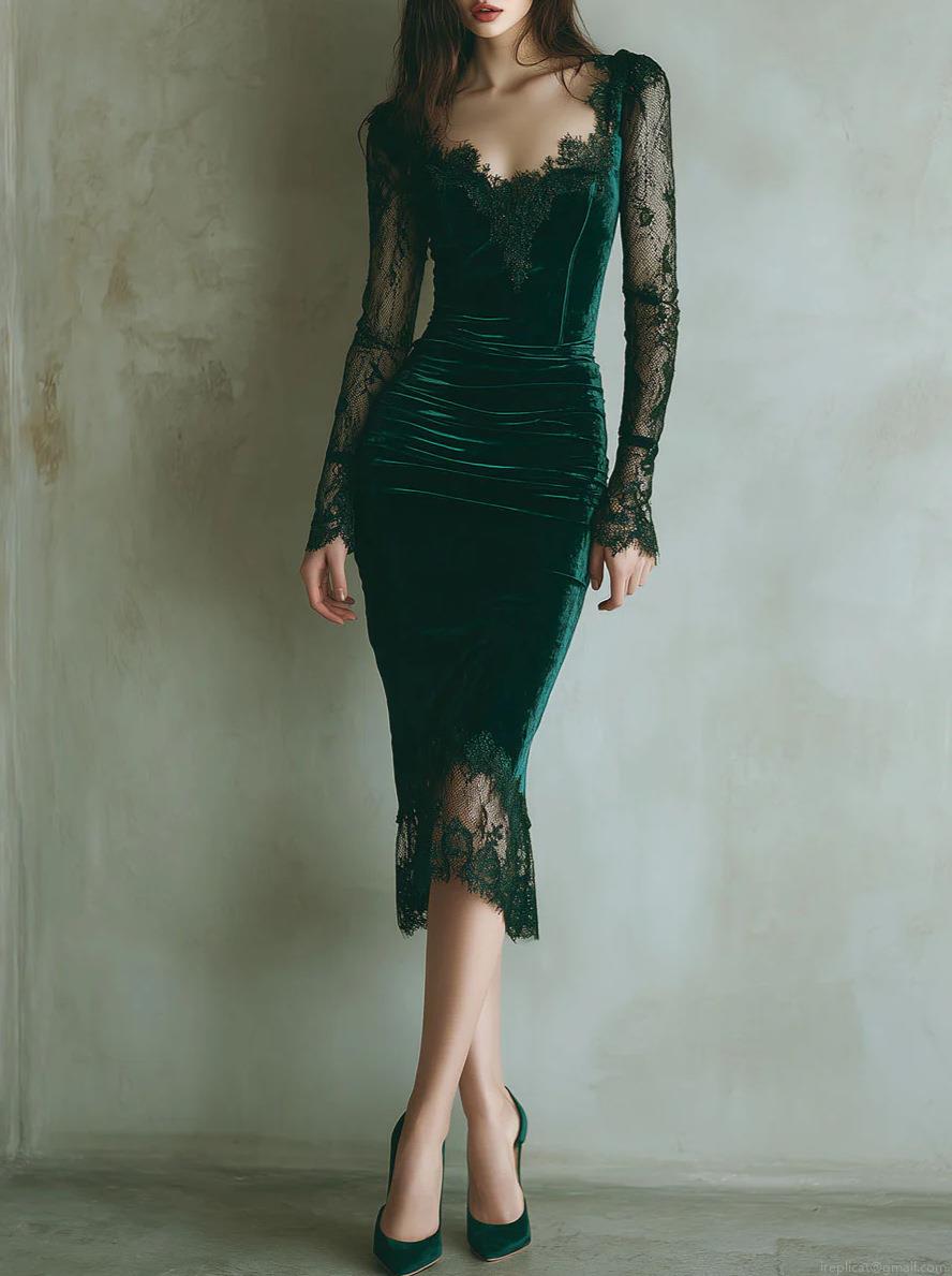 Elegant Women Deep Green Velvet Lace Patchwork Midi Dress Long Sleeve Slim Fit Bodycon Party Evening Occasion Gown Luxury Velvet Dress Elegant Women Deep Green Velvet Lace Patchwork Midi Dress Long Sleeve Slim Fit Bodycon Party Evening Occasion Gown Luxury Velvet Dress