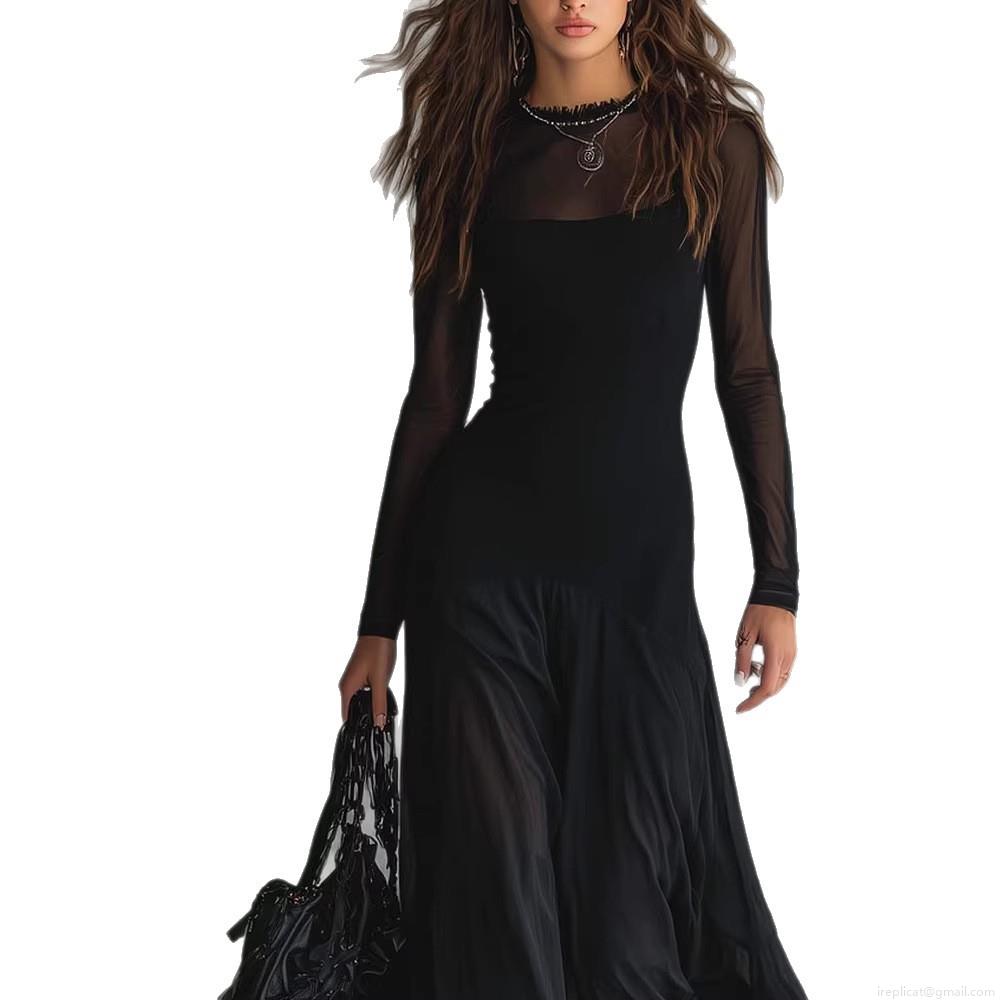 Women\'s Sexy Sheer Mesh Patchwork Bodycon Midi Dress Long Sleeve Elegant Ruched Black Pencil Dress For Party Clubwear Evening Lady Clothing