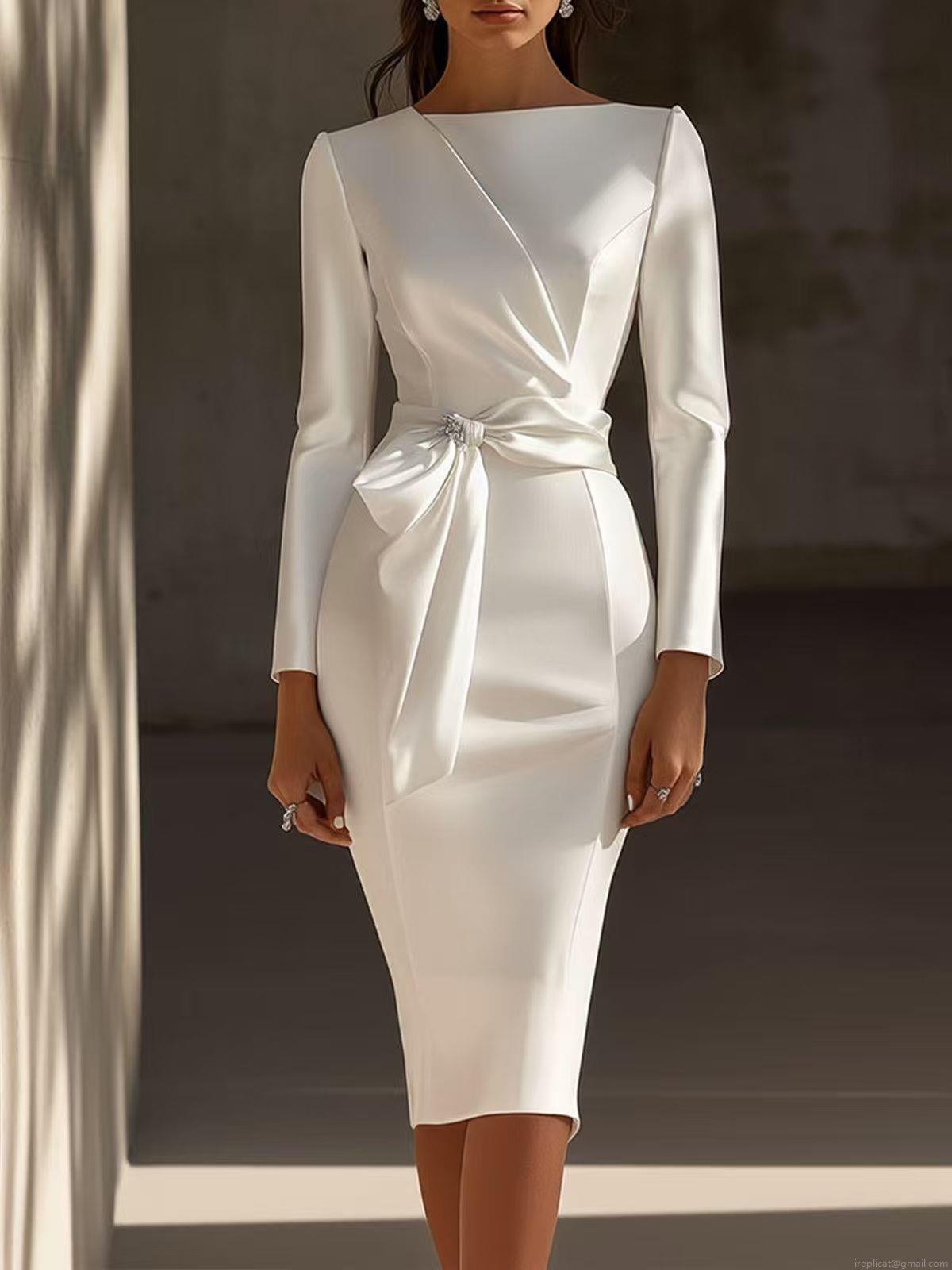 Elegant White Satin Long Sleeve Midi Dress With Bow Knot Rhinestone Decoration Slim Fit Bodycon Pencil Dress For Women Party Wedding Event Elegant White Satin Long Sleeve Midi Dress With Bow Knot Rhinestone Decoration Slim Fit Bodycon Pencil Dress For Women Party Wedding Event