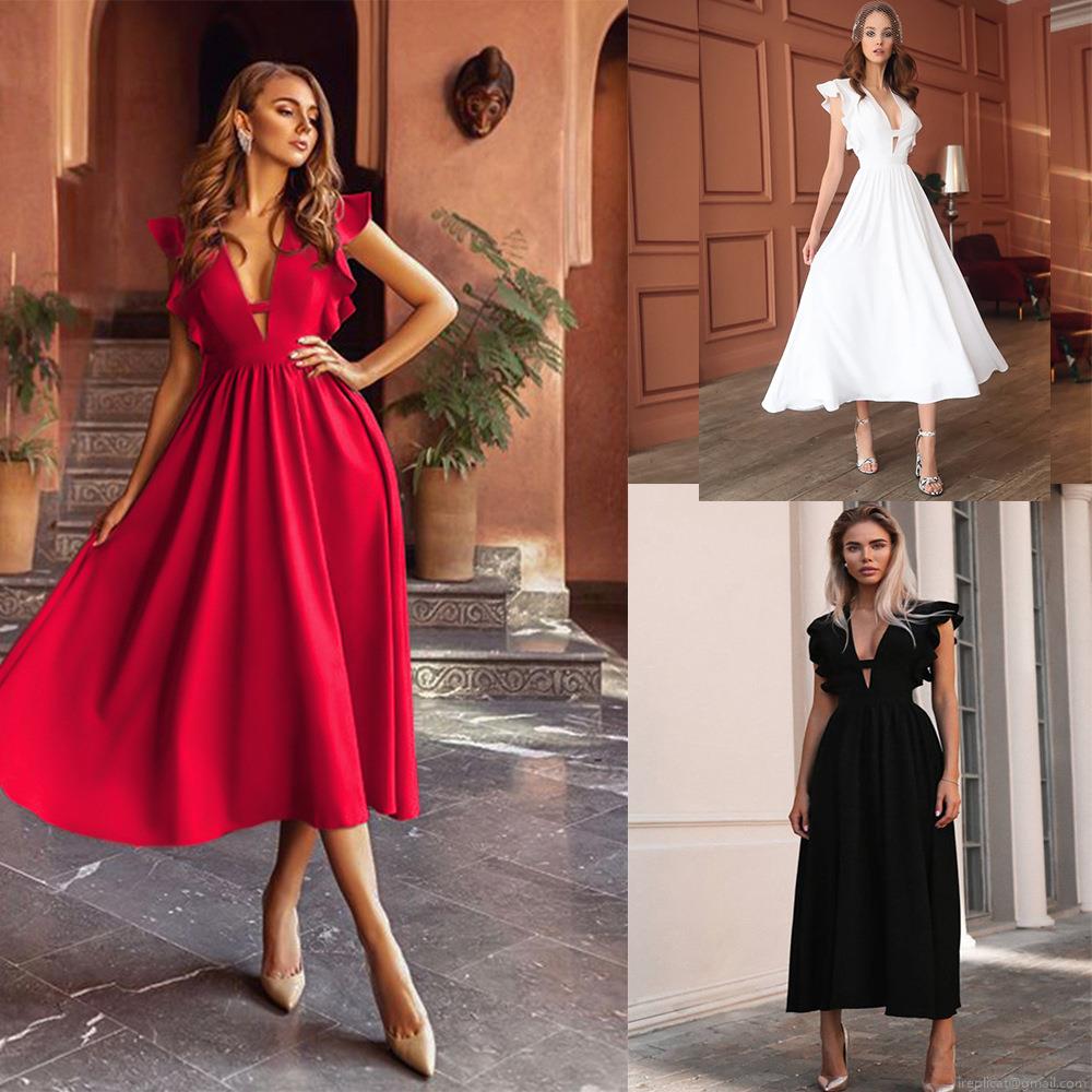 Women's Elegant Deep V Neck Ruffle Sleeveless Midi Dress Solid Color High Waist A-Line Big Swing Cocktail Wedding Guest Party Dress Women's Elegant Deep V Neck Ruffle Sleeveless Midi Dress Solid Color High Waist A-Line Big Swing Cocktail Wedding Guest Party Dress