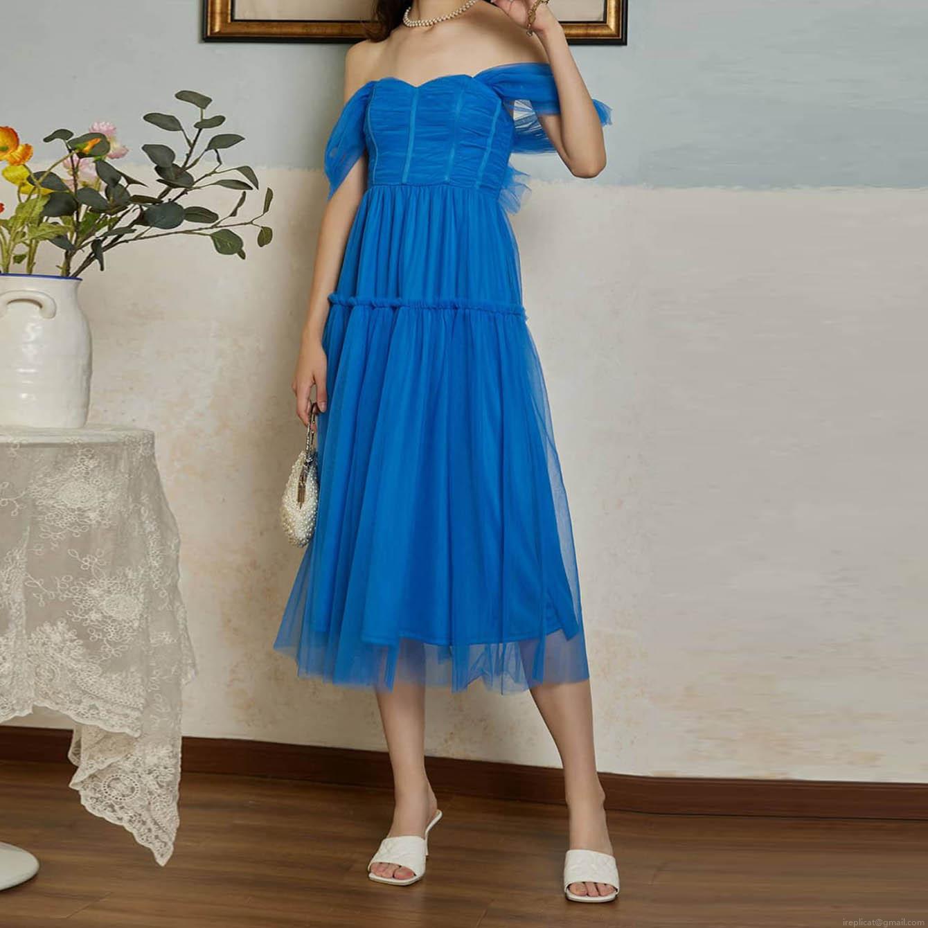 Women's Elegant Blue Off-the-shoulder Mesh Midi Dress Tiered Tulle Princess Dress For Wedding Party Sweet Retro Style Women's Clothing Women's Elegant Blue Off-the-shoulder Mesh Midi Dress Tiered Tulle Princess Dress For Wedding Party Sweet Retro Style Women's Clothing