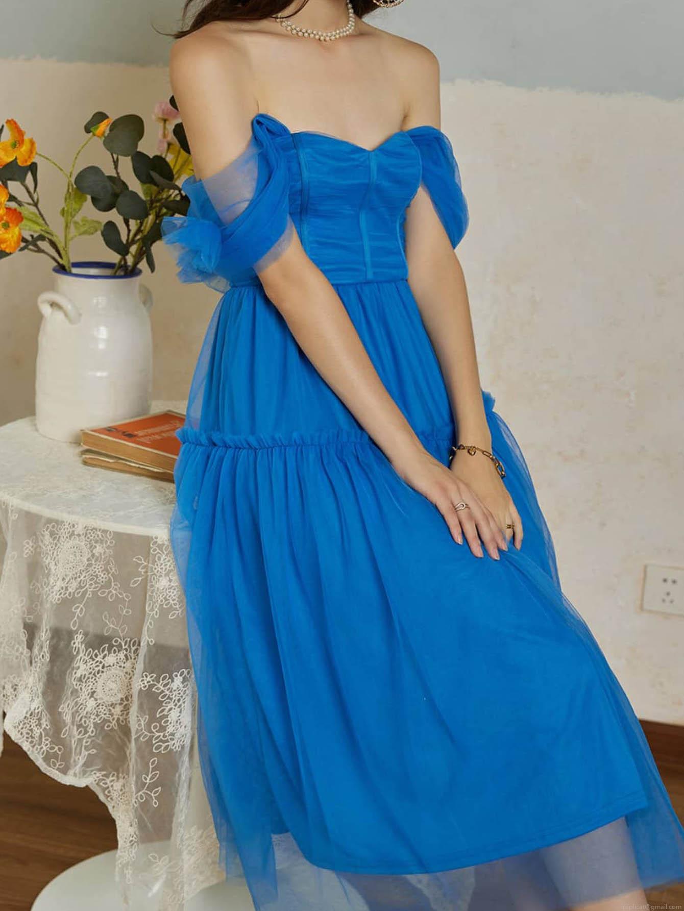 Women\'s Elegant Blue Off-the-shoulder Mesh Midi Dress Tiered Tulle Princess Dress For Wedding Party Sweet Retro Style Women\'s Clothing