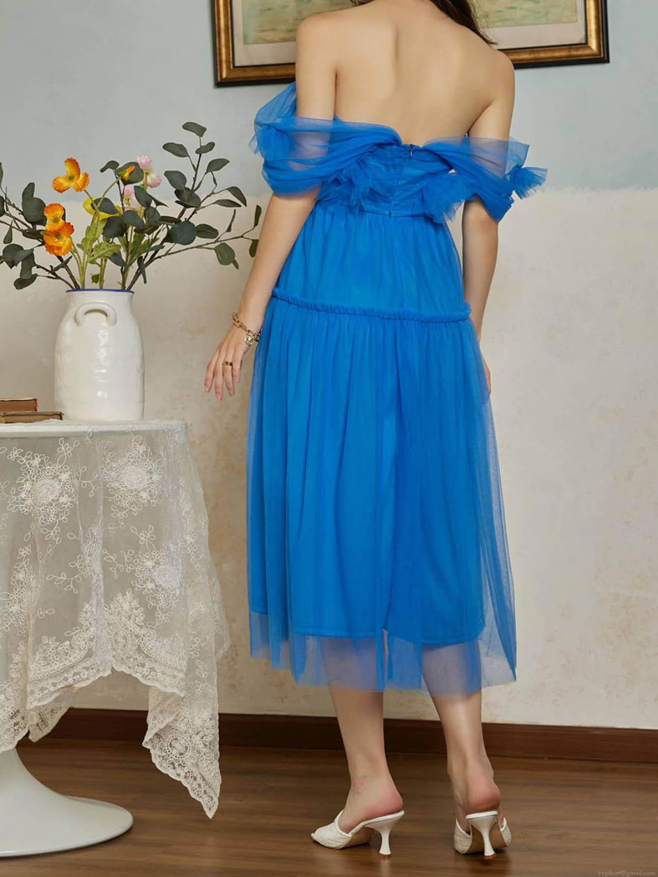 Women\'s Elegant Blue Off-the-shoulder Mesh Midi Dress Tiered Tulle Princess Dress For Wedding Party Sweet Retro Style Women\'s Clothing