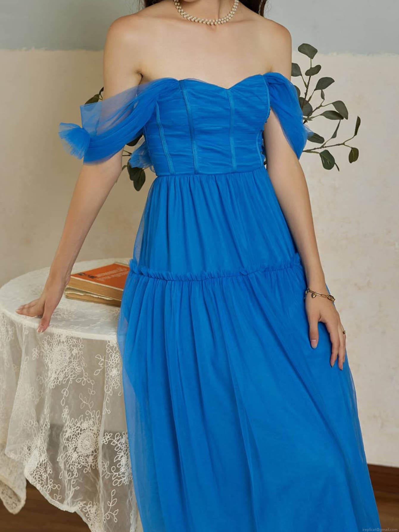 Women\'s Elegant Blue Off-the-shoulder Mesh Midi Dress Tiered Tulle Princess Dress For Wedding Party Sweet Retro Style Women\'s Clothing
