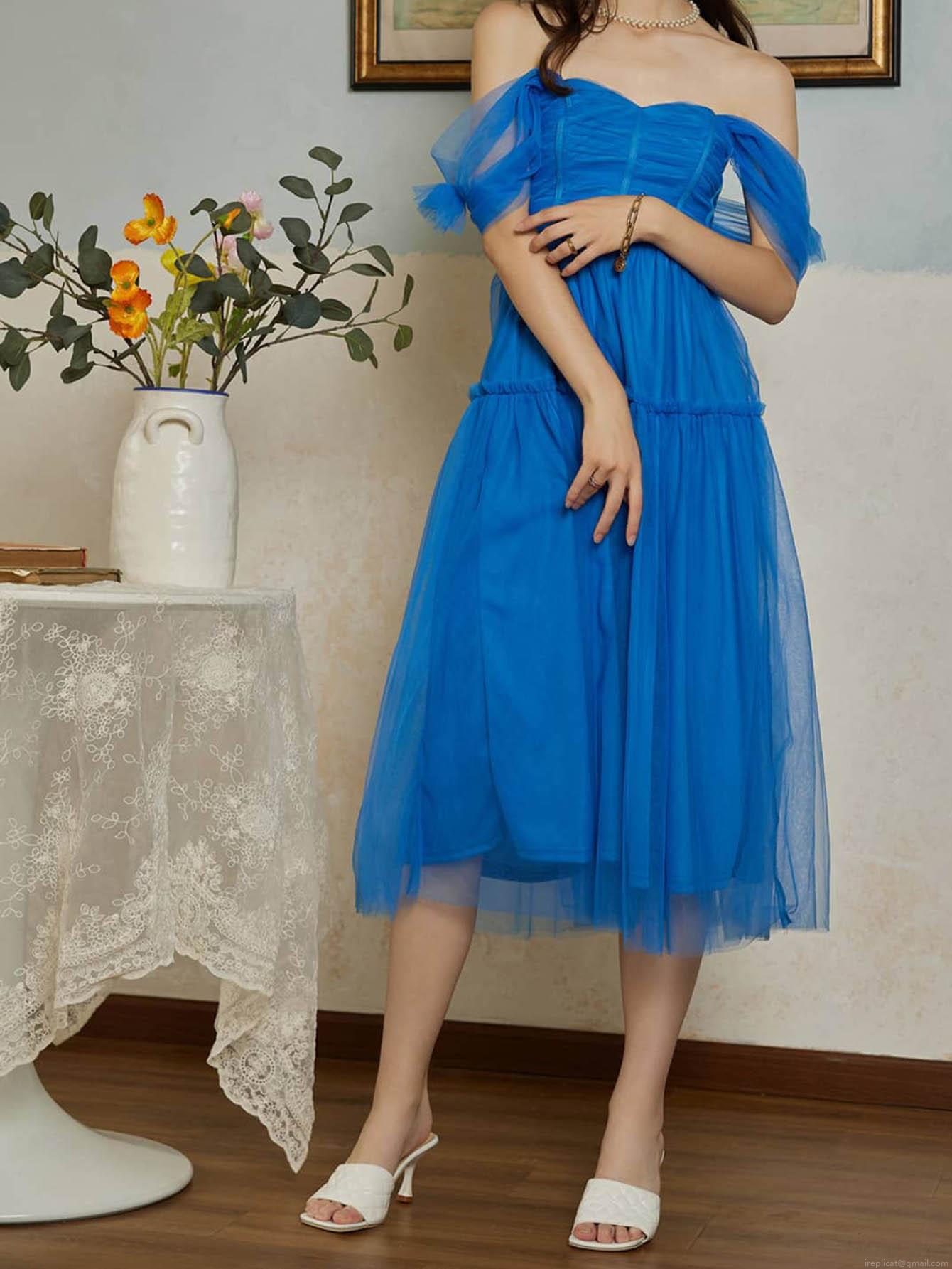 Women\'s Elegant Blue Off-the-shoulder Mesh Midi Dress Tiered Tulle Princess Dress For Wedding Party Sweet Retro Style Women\'s Clothing