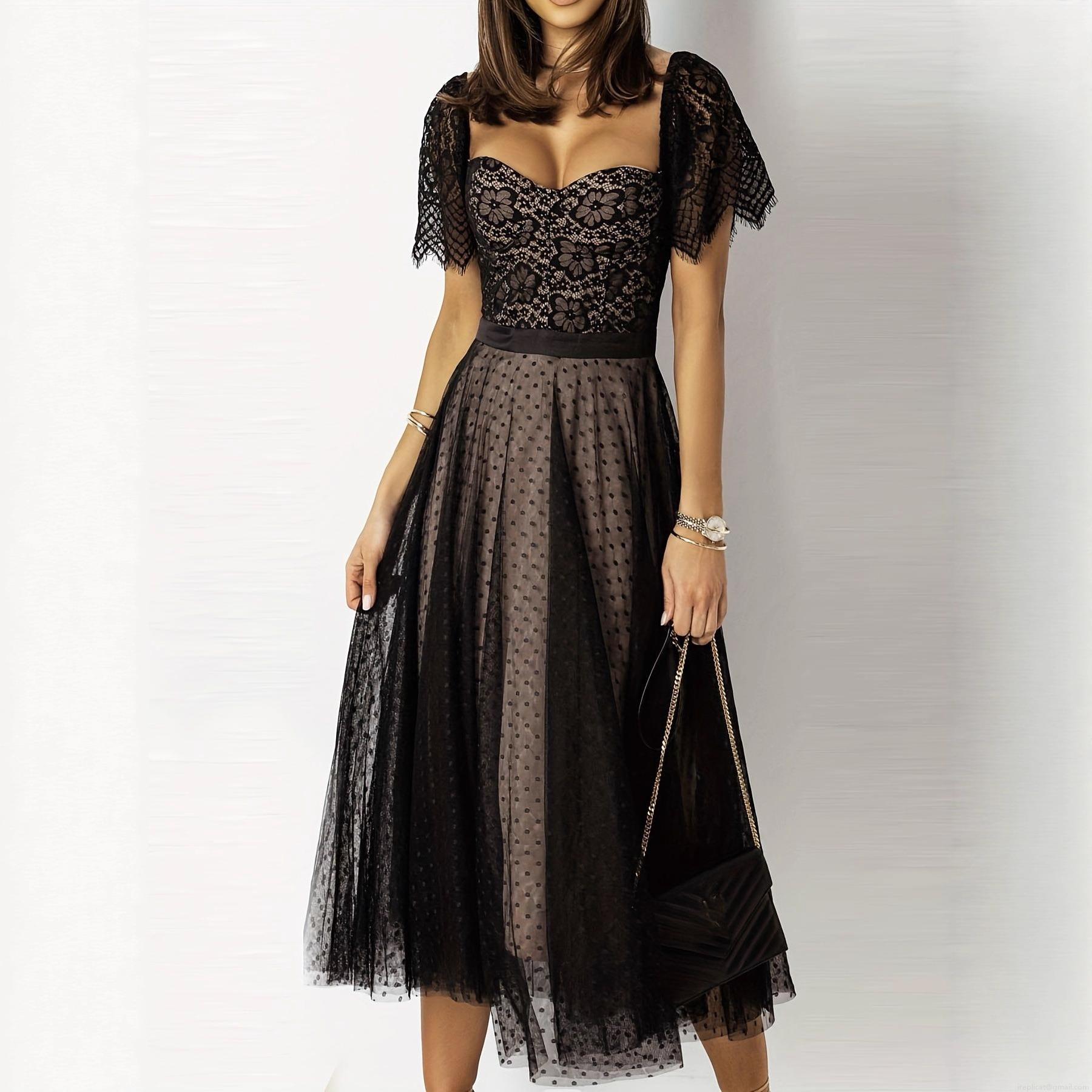 Elegant Lace Patchwork Midi Dress Sexy V-Neck Polka Dot Mesh Party Dress Slim Fit Short Sleeve Flare Evening Gown For Women Summer Casual Vacation Dress Elegant Lace Patchwork Midi Dress Sexy V-Neck Polka Dot Mesh Party Dress Slim Fit Short Sleeve Flare Evening Gown For Women Summer Casual Vacation Dress