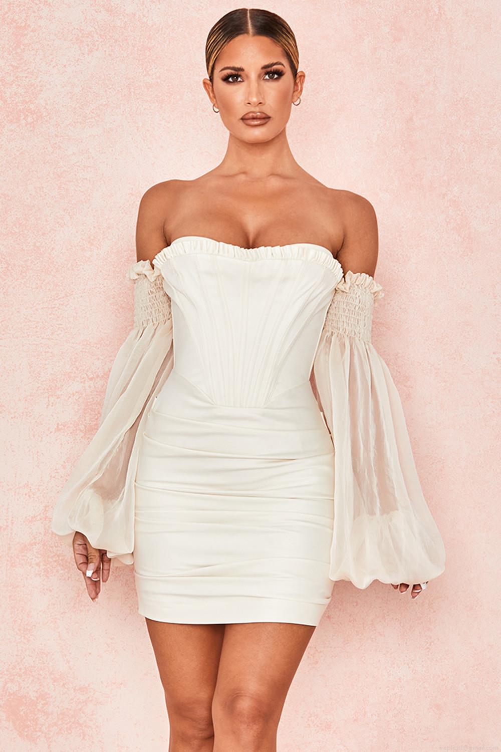 Women's Elegant Off-Shoulder Corset Bodycon Midi Dress With Puff Lantern Sleeve Fishbone Sexy Cream White Satin Dress For Evening Party Women's Elegant Off-Shoulder Corset Bodycon Midi Dress With Puff Lantern Sleeve Fishbone Sexy Cream White Satin Dress For Evening Party