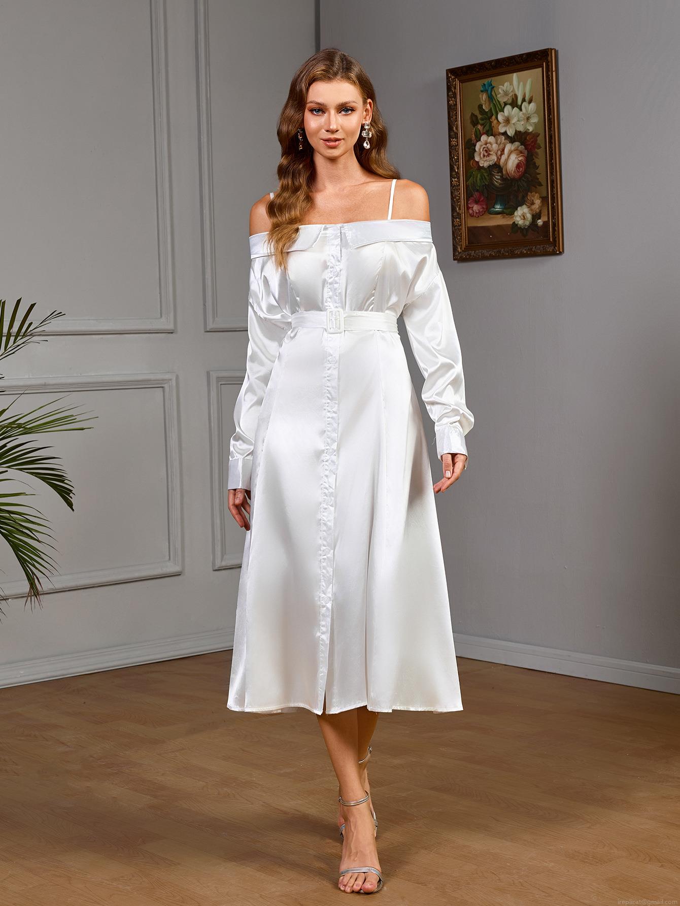 French Style Off-Shoulder White Satin Midi Dress With Belt Elegant Long Sleeve Solid Color Button Front Evening Party Dress For Women French Style Off-Shoulder White Satin Midi Dress With Belt Elegant Long Sleeve Solid Color Button Front Evening Party Dress For Women