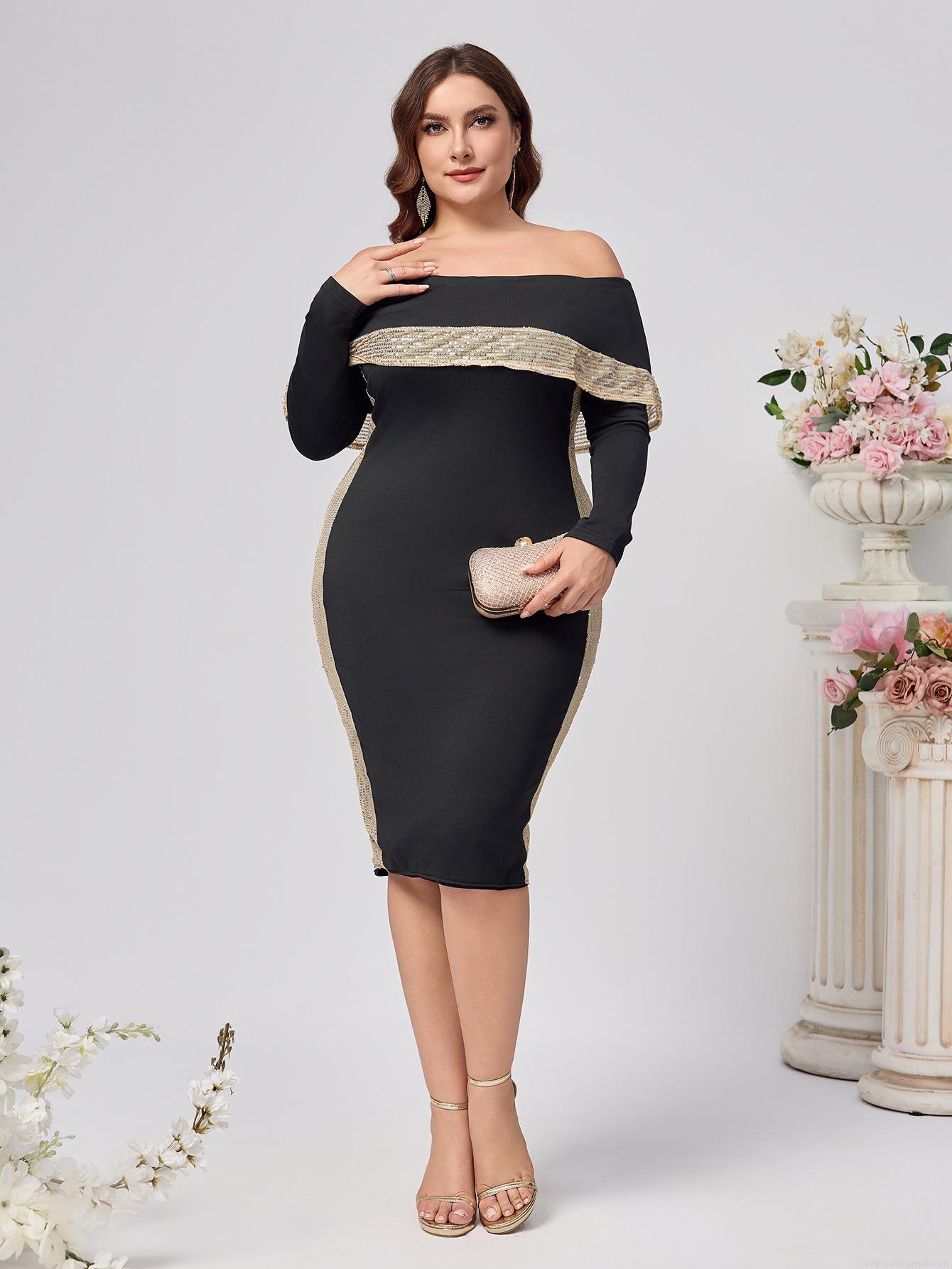 Plus Size Sequin Bodycon Midi Dress Elegant Off The Shoulder Long Sleeve Patchwork Polyester Knitting Dress For Wedding Evening Party Women Plus Size Sequin Bodycon Midi Dress Elegant Off The Shoulder Long Sleeve Patchwork Polyester Knitting Dress For Wedding Evening Party Women