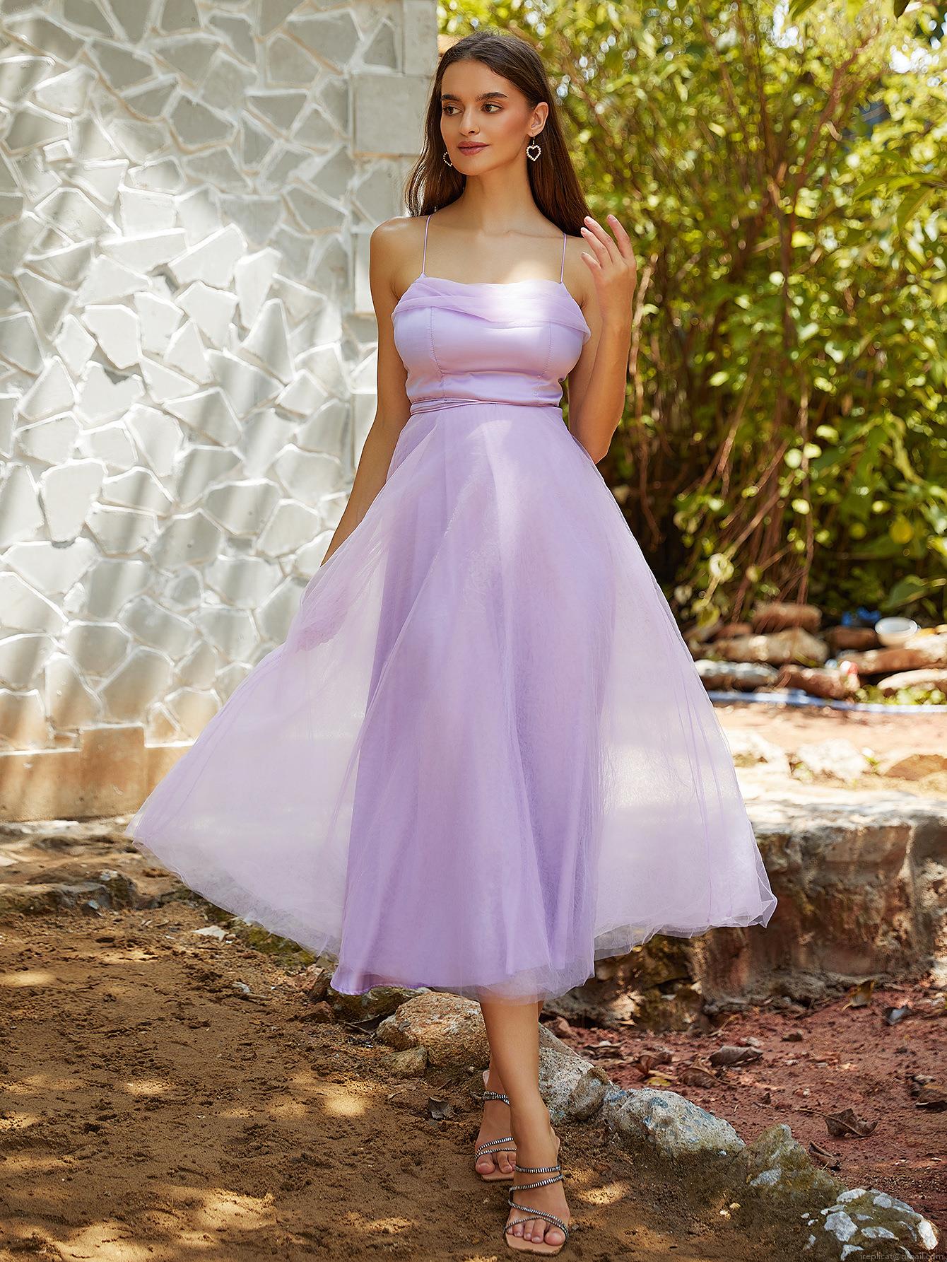 Elegant Women's Light Purple Mesh Spaghetti Strap Midi Dress Backless Tiered Tulle A-Line Dress Sexy Party Evening Gown Banquet Dress Elegant Women's Light Purple Mesh Spaghetti Strap Midi Dress Backless Tiered Tulle A-Line Dress Sexy Party Evening Gown Banquet Dress
