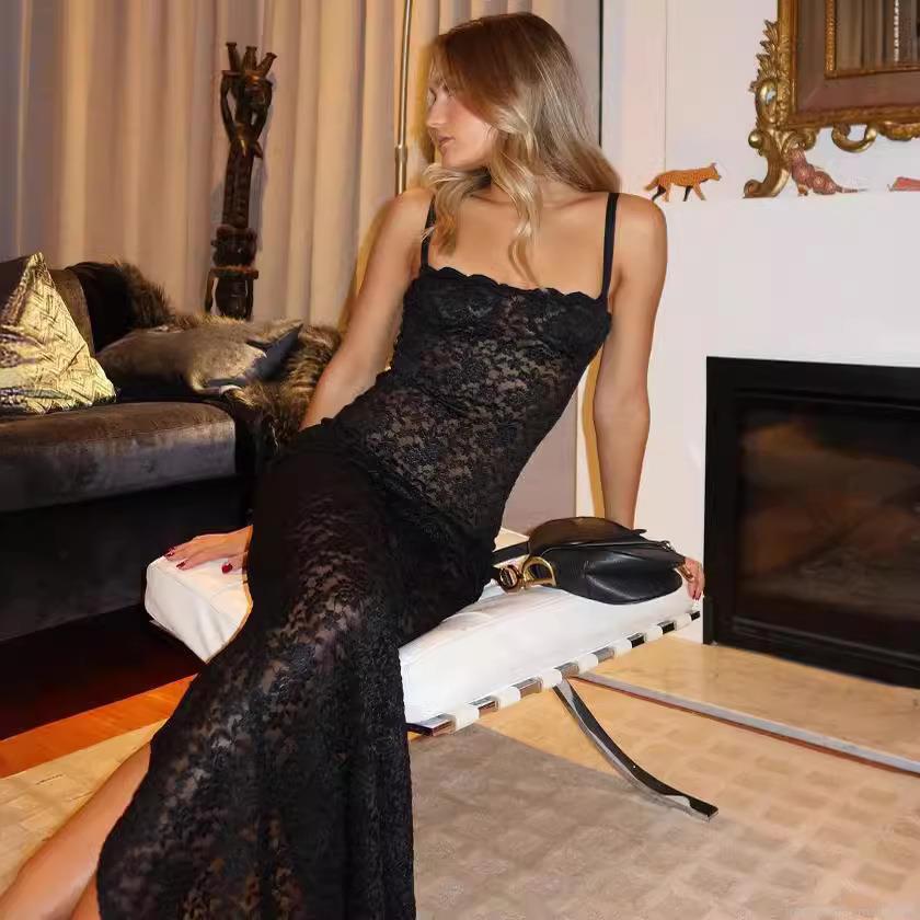 Women Sexy Lace See-Through Cami Dress Off-Shoulder Slim Fit Floral Mesh Midi Dress For Banquet Party Elegant Evening Wear Women Sexy Lace See-Through Cami Dress Off-Shoulder Slim Fit Floral Mesh Midi Dress For Banquet Party Elegant Evening Wear