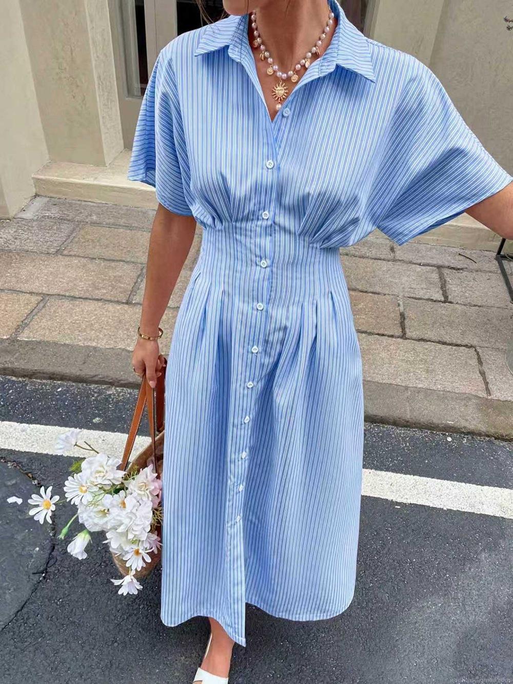 Women's Casual Striped Shirt Dress Elegant Button Down Short Sleeve Midi A-Line Dress High Waist Vacation Party Style Polyester Spandex Blend Women's Casual Striped Shirt Dress Elegant Button Down Short Sleeve Midi A-Line Dress High Waist Vacation Party Style Polyester Spandex Blend