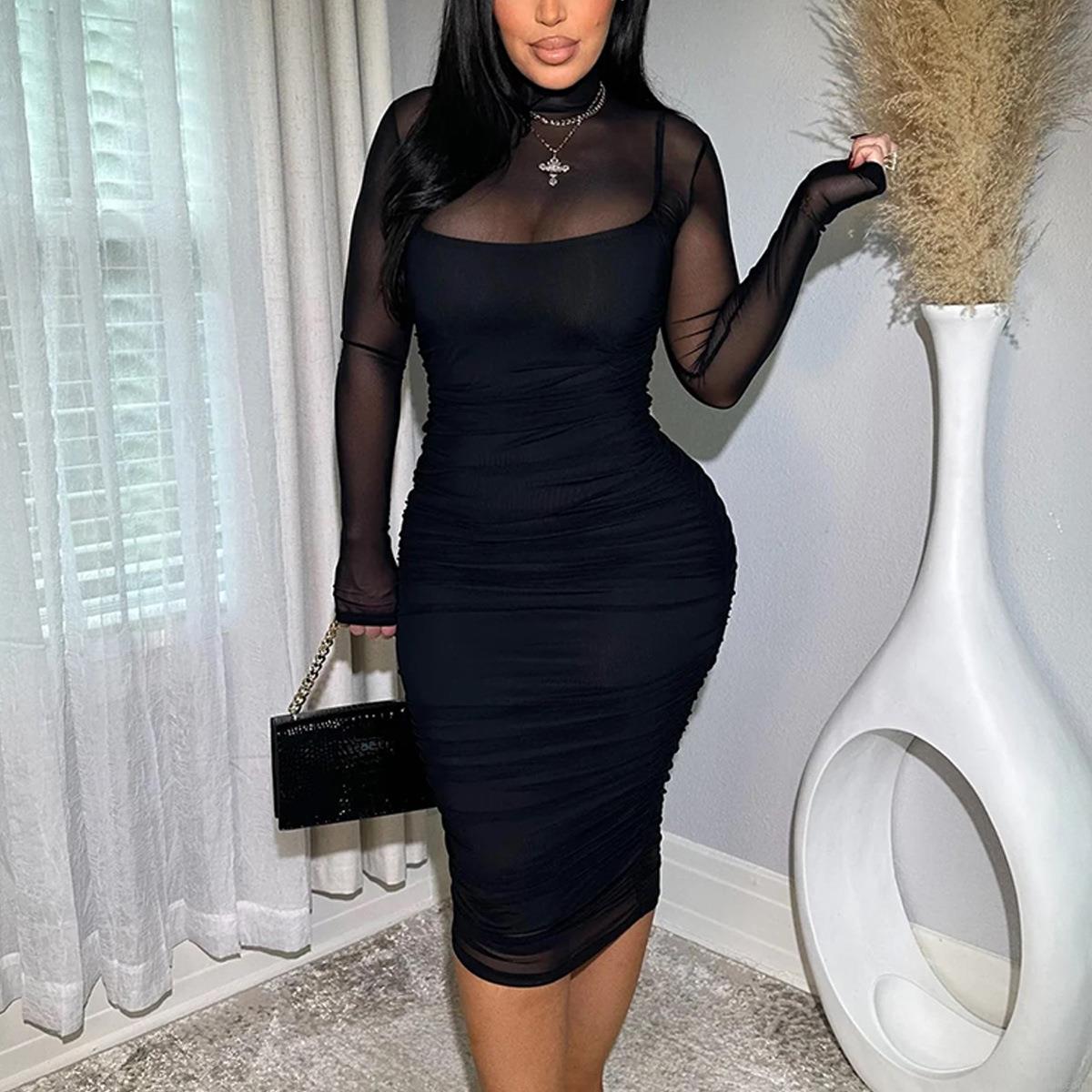 Sexy Mesh See-Through Two-Piece Midi Dress Set Ruched Long Sleeve High Neck Bodycon Dress With Camisole Lining For Women Party Clubwear Elegant Outfit Sexy Mesh See-Through Two-Piece Midi Dress Set Ruched Long Sleeve High Neck Bodycon Dress With Camisole Lining For Women Party Clubwear Elegant Outfit