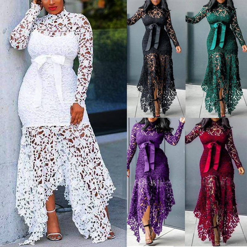 Elegant Lace Long Sleeve Stand Collar Midi Dress With Ribbon Belt Asymmetric Hem Hollow Out Slim Fit For Women Evening Party Cocktail Daily Wear Elegant Lace Long Sleeve Stand Collar Midi Dress With Ribbon Belt Asymmetric Hem Hollow Out Slim Fit For Women Evening Party Cocktail Daily Wear