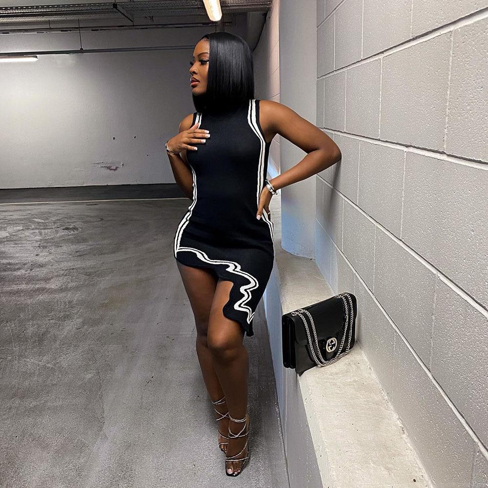 Women's Sleeveless Colorblock Striped Knit Dress Sexy Bodycon Midi Dress With Irregular Wave Hem Mock Neck Streetwear Fashion Summer Dress Women's Sleeveless Colorblock Striped Knit Dress Sexy Bodycon Midi Dress With Irregular Wave Hem Mock Neck Streetwear Fashion Summer Dress