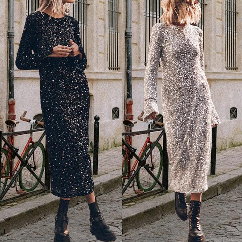 Women Sexy Backless Sequin Long Sleeve Midi Dress Sparkly Street Style Round Neck A-Line Dress Party Evening Nightclub Prom Gown Women Sexy Backless Sequin Long Sleeve Midi Dress Sparkly Street Style Round Neck A-Line Dress Party Evening Nightclub Prom Gown