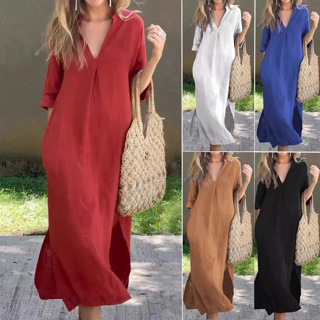 Women's V-Neck 3/4 Sleeve Midi Dress Loose Solid Color Side Slit Dress With Pockets Casual Summer Beach Vacation Long Dress Women's V-Neck 3/4 Sleeve Midi Dress Loose Solid Color Side Slit Dress With Pockets Casual Summer Beach Vacation Long Dress
