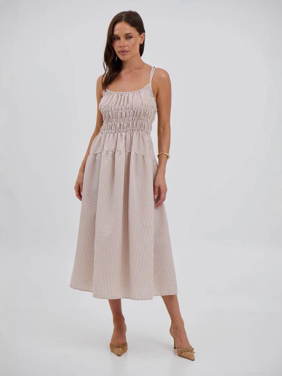 Women Striped Smocked Strappy Midi Dress Polyester Spandex Summer Sexy A-Line Tiered Skirt Casual Beach Holiday Party Dress