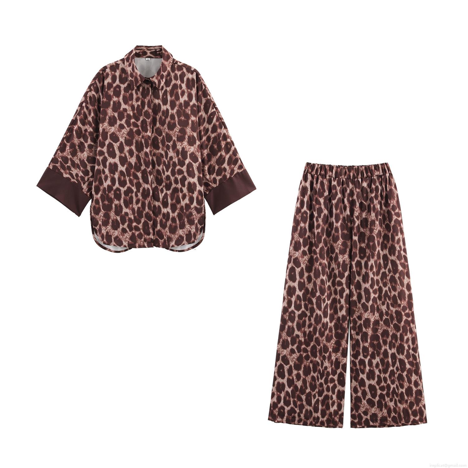 Women's Classic Leopard Print Loungewear Set Lapel Button Down Long Sleeve Shirt and Elastic Waist Wide Leg Pants Two Piece Polyester Casual Home Suit