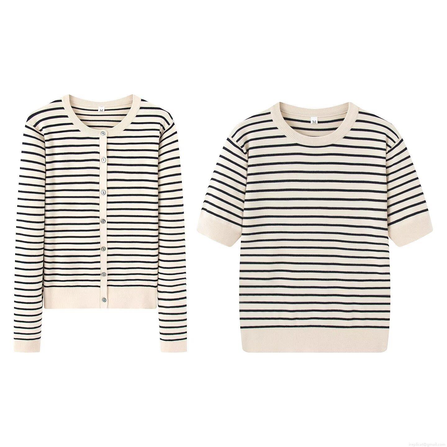 Women's Western Style Striped Knitted Cardigan And Short Sleeve Top Two Piece Casual Streetwear Set Round Neck Button Up Knitwear Women's Western Style Striped Knitted Cardigan And Short Sleeve Top Two Piece Casual Streetwear Set Round Neck Button Up Knitwear