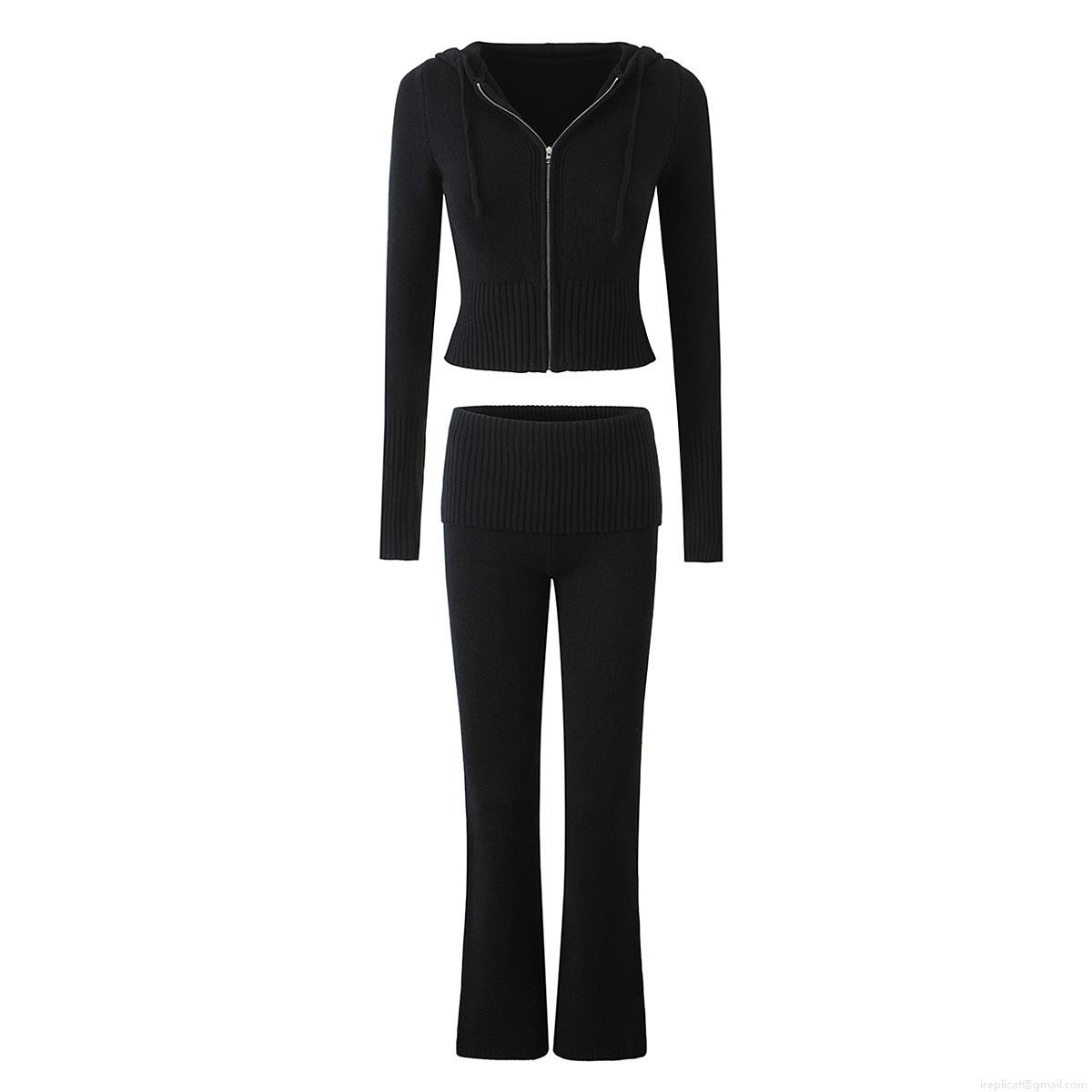 Women\'s Knit Lounge Set Zip Up Hooded Crop Top And Flare Legging Pants High Elastic Solid Color Ribbed Tracksuit Two Piece Outfits For Winter Autumn Streetwear