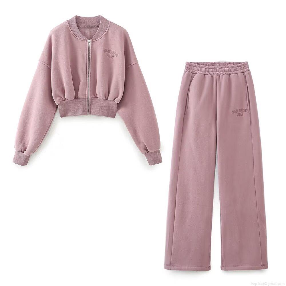 Women's 2-Piece Embroidery Sweatshirt and Joggers Set Zip Up Stand Collar Short Hoodie High Waist Wide Leg Pants Streetwear Casual Warm Tracksuit