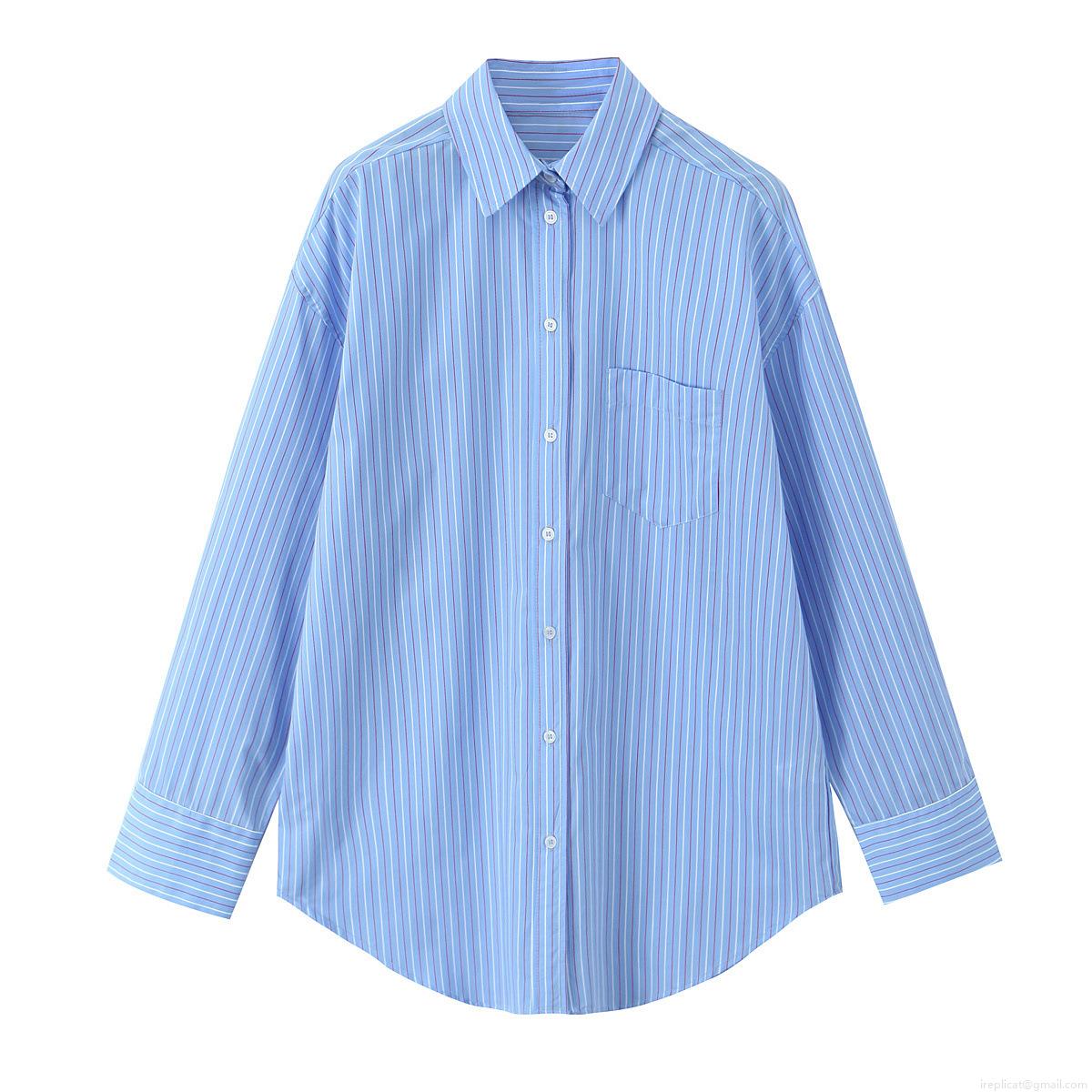 Women\'s Fashion Stripe Poplin Two Piece Outfits Button Down Long Sleeve Shirt and Drawstring Wide Leg Pants Loose Loungewear Set