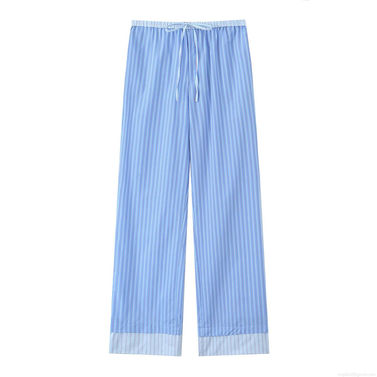 Women\'s Fashion Stripe Poplin Two Piece Outfits Button Down Long Sleeve Shirt and Drawstring Wide Leg Pants Loose Loungewear Set
