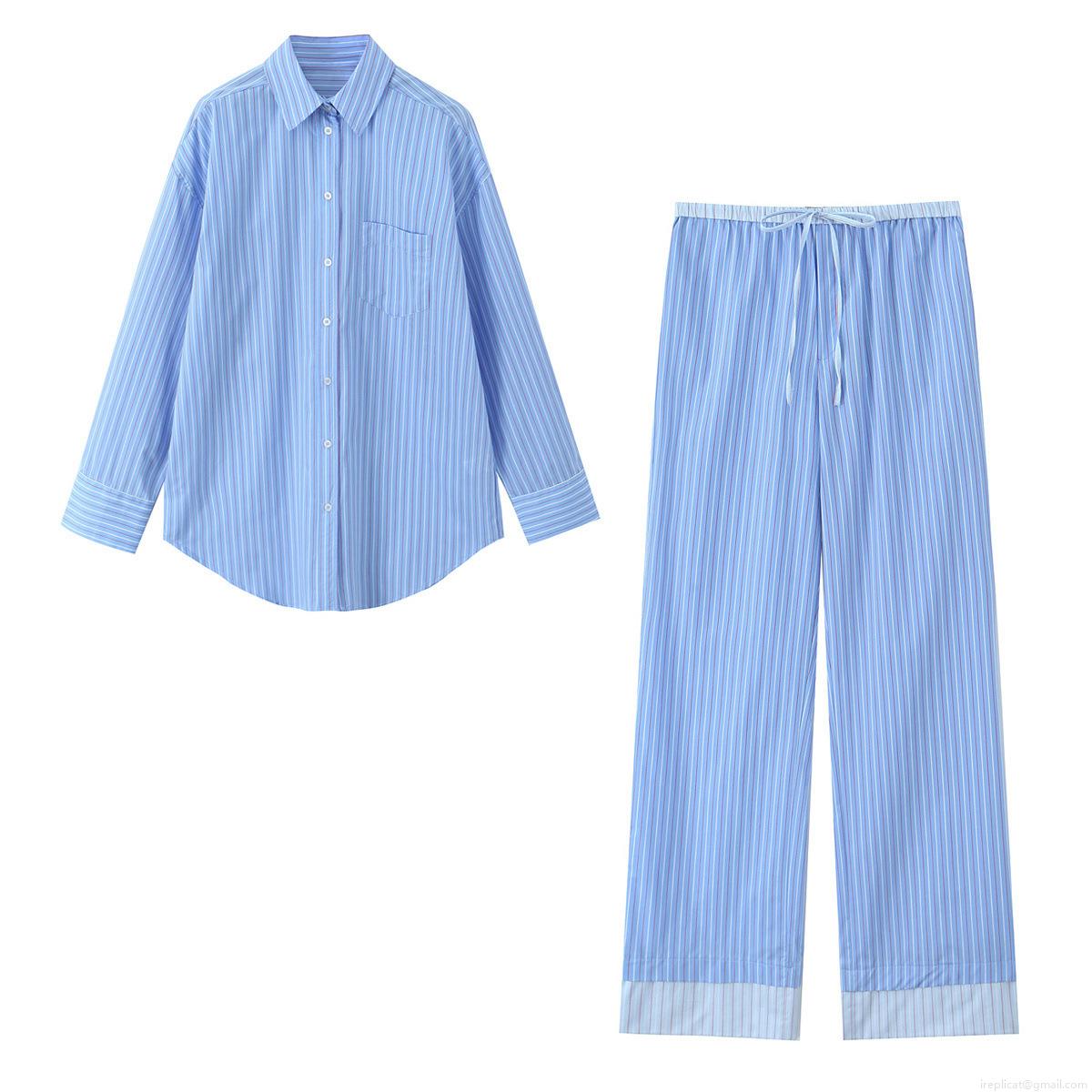 Women\'s Fashion Stripe Poplin Two Piece Outfits Button Down Long Sleeve Shirt and Drawstring Wide Leg Pants Loose Loungewear Set