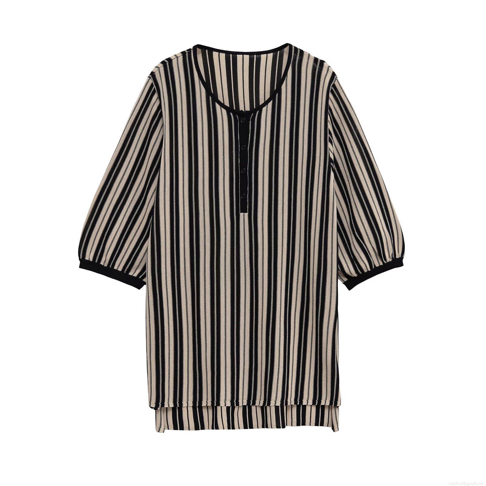 Women\'s Striped Knit Casual Loungewear Set Long Sleeve Henley Top Wide Leg Pants And V Neck Tie Midi Dress Soft Autumn Three Piece Co-ords Outfits