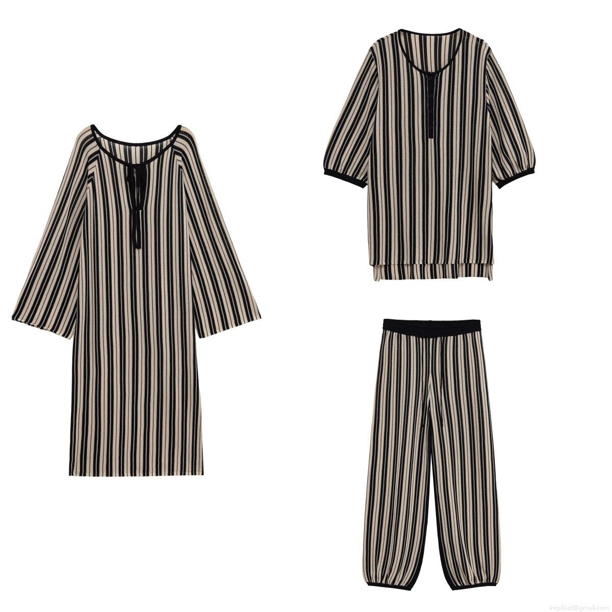 Women\'s Striped Knit Casual Loungewear Set Long Sleeve Henley Top Wide Leg Pants And V Neck Tie Midi Dress Soft Autumn Three Piece Co-ords Outfits