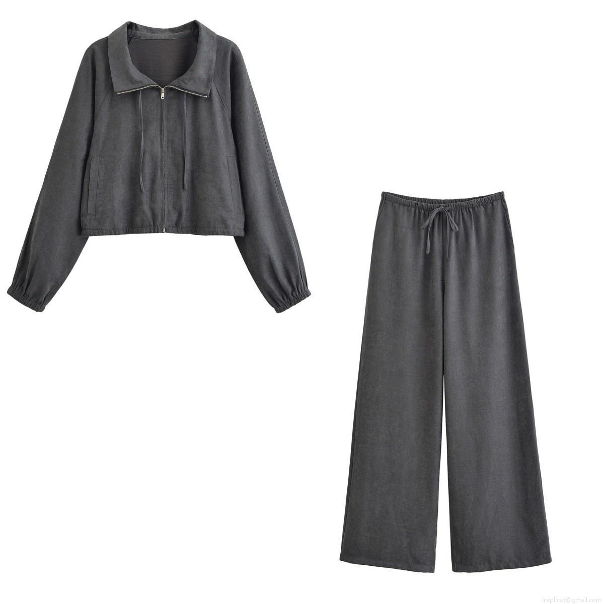Women's 2-Piece Lounge Set 100% Polyester Zip Up Cropped Jacket and Wide Leg Drawstring Pants Casual Streetwear Autumn Solid Color Leisure Outfit