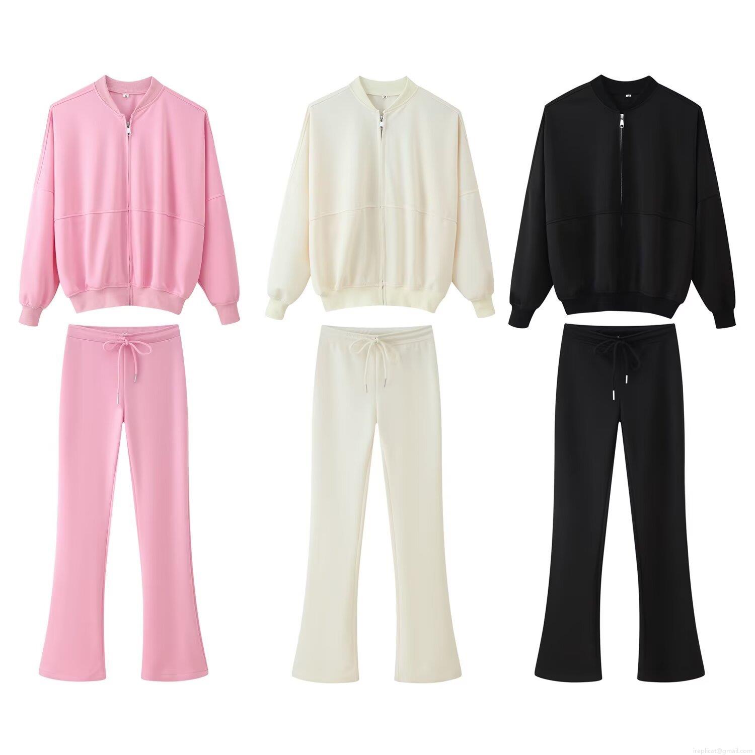 Women's 2 Piece Casual Outfits Polyester Zip Up Stand Collar Loose Jacket and High Waist Flared Pants Set Streetwear Autumn Sporty Tracksuit