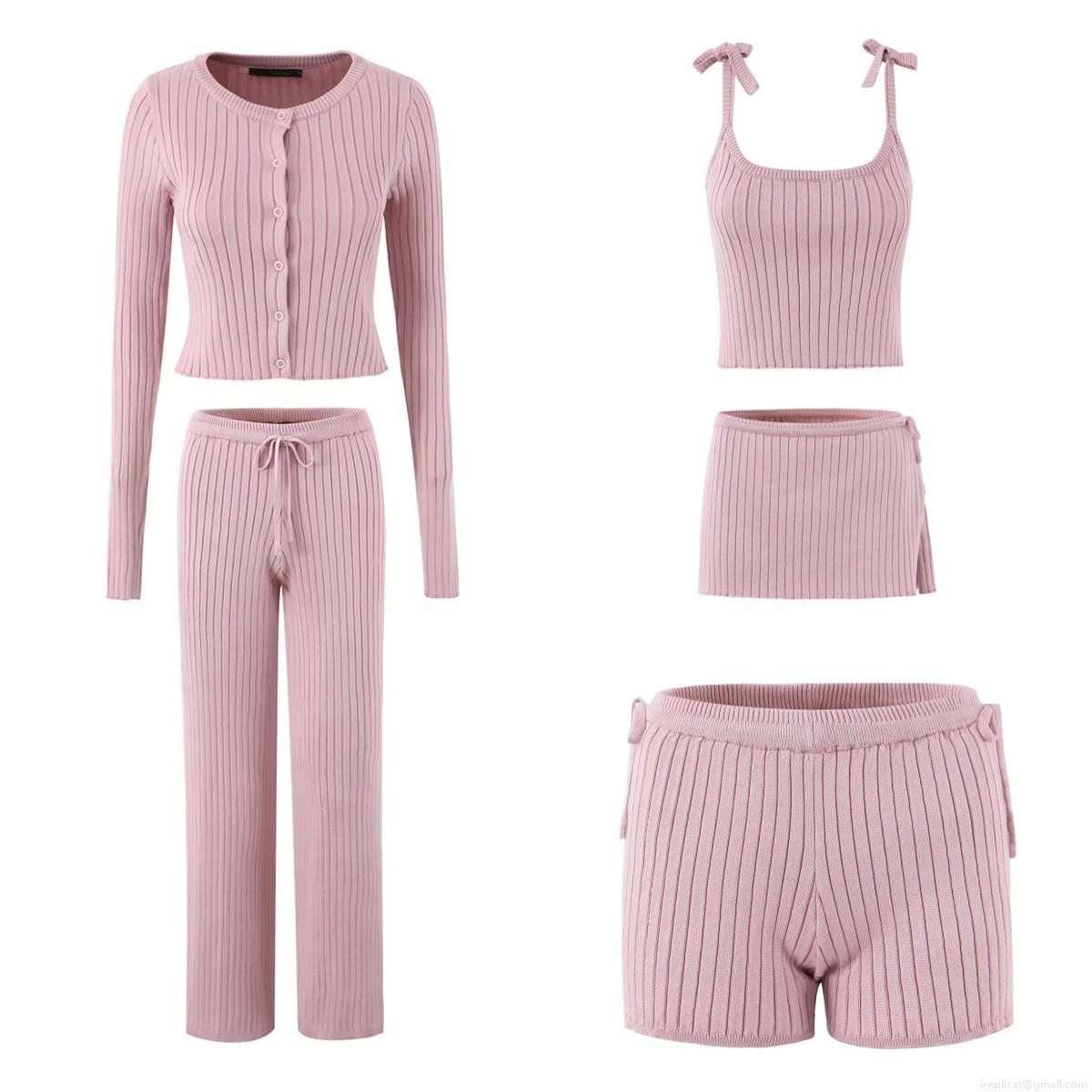Women\'s 5-Piece Knit Lounge Set 60% Viscose Ribbed Cardigan Camisole Shorts Skirt And Trousers Autumn Solid Color Soft Streetwear Outfit