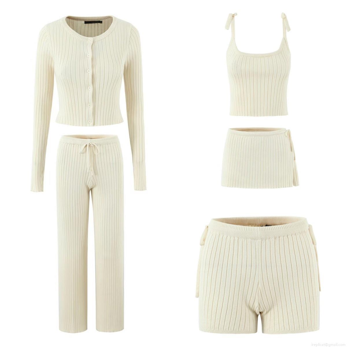 Women\'s 5-Piece Knit Lounge Set 60% Viscose Ribbed Cardigan Camisole Shorts Skirt And Trousers Autumn Solid Color Soft Streetwear Outfit