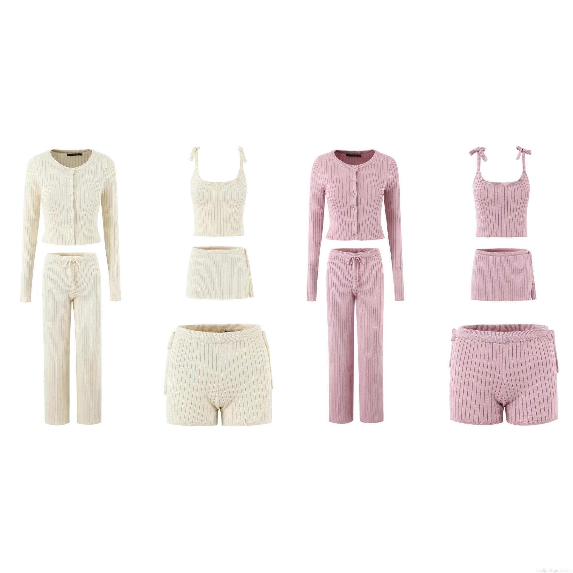 Women\'s 5-Piece Knit Lounge Set 60% Viscose Ribbed Cardigan Camisole Shorts Skirt And Trousers Autumn Solid Color Soft Streetwear Outfit