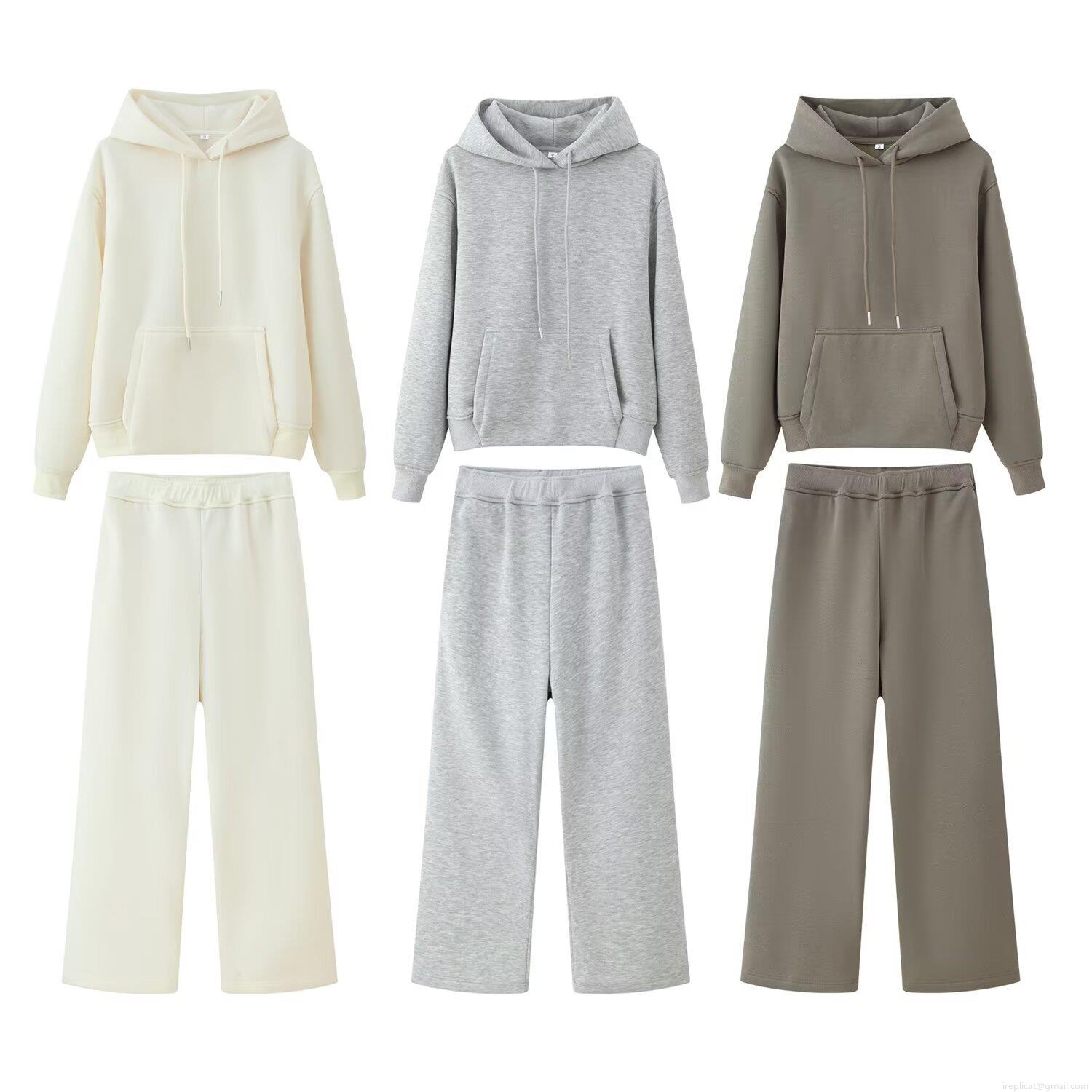 Women's Oversized Fleece Lined Hoodie And Wide Leg Sweatpants Set Solid Color Long Sleeve Pullover Hooded Sweatshirt Loose Tracksuit Bottoms Autumn Winter Casual Loungewear Two Piece Outfits