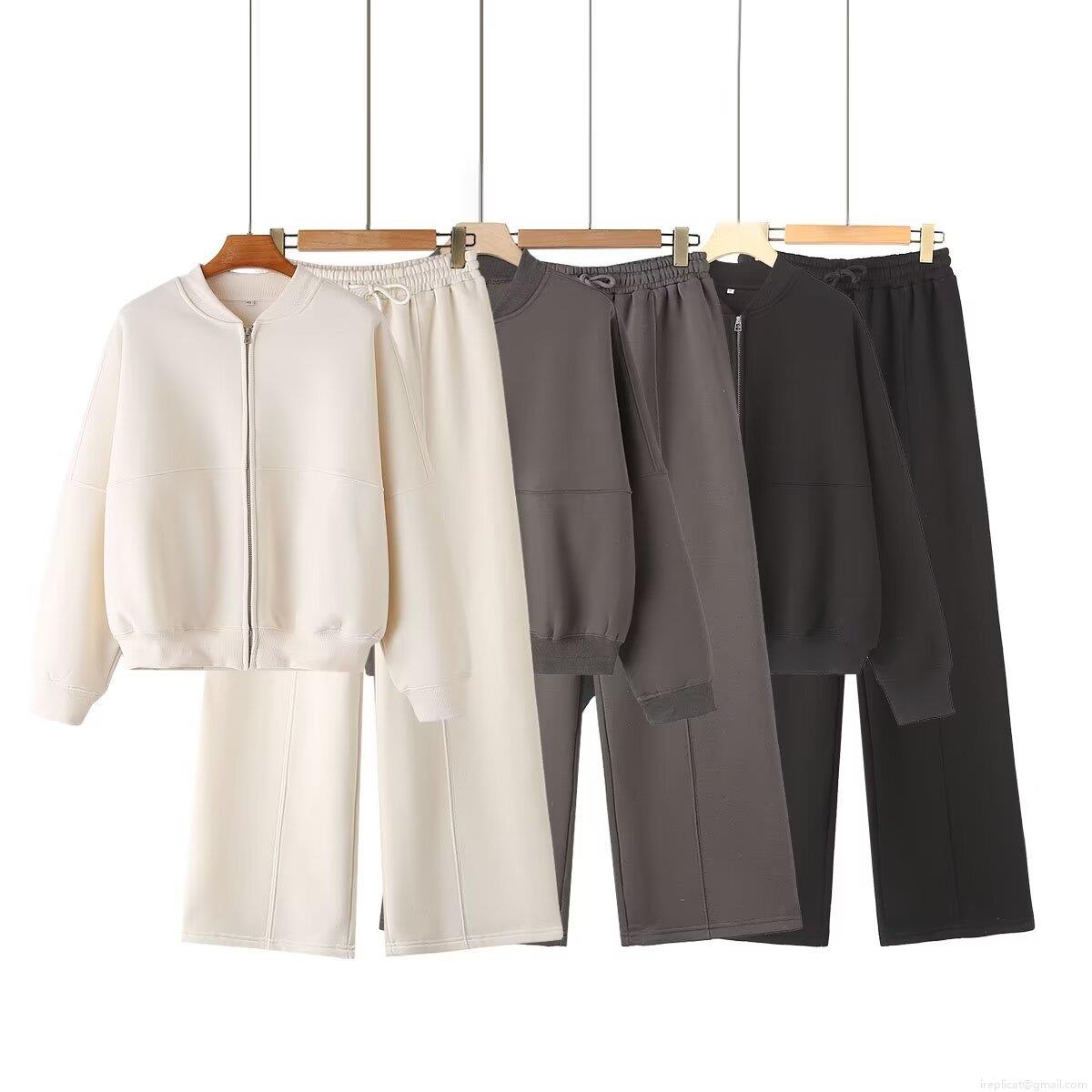 Women's Casual 2 Piece Fleece Tracksuit Set Zipper Stand Collar Bomber Jacket And Wide Leg Sweatpants Soft Knitted Lounge Sport Streetwear Outfit