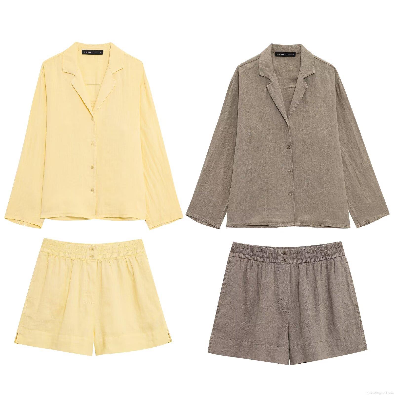 Women's Casual Linen Blend Separates Long Sleeve V Neck Button Down Shirt Or High Waist Elastic Shorts Summer Loungewear Suit