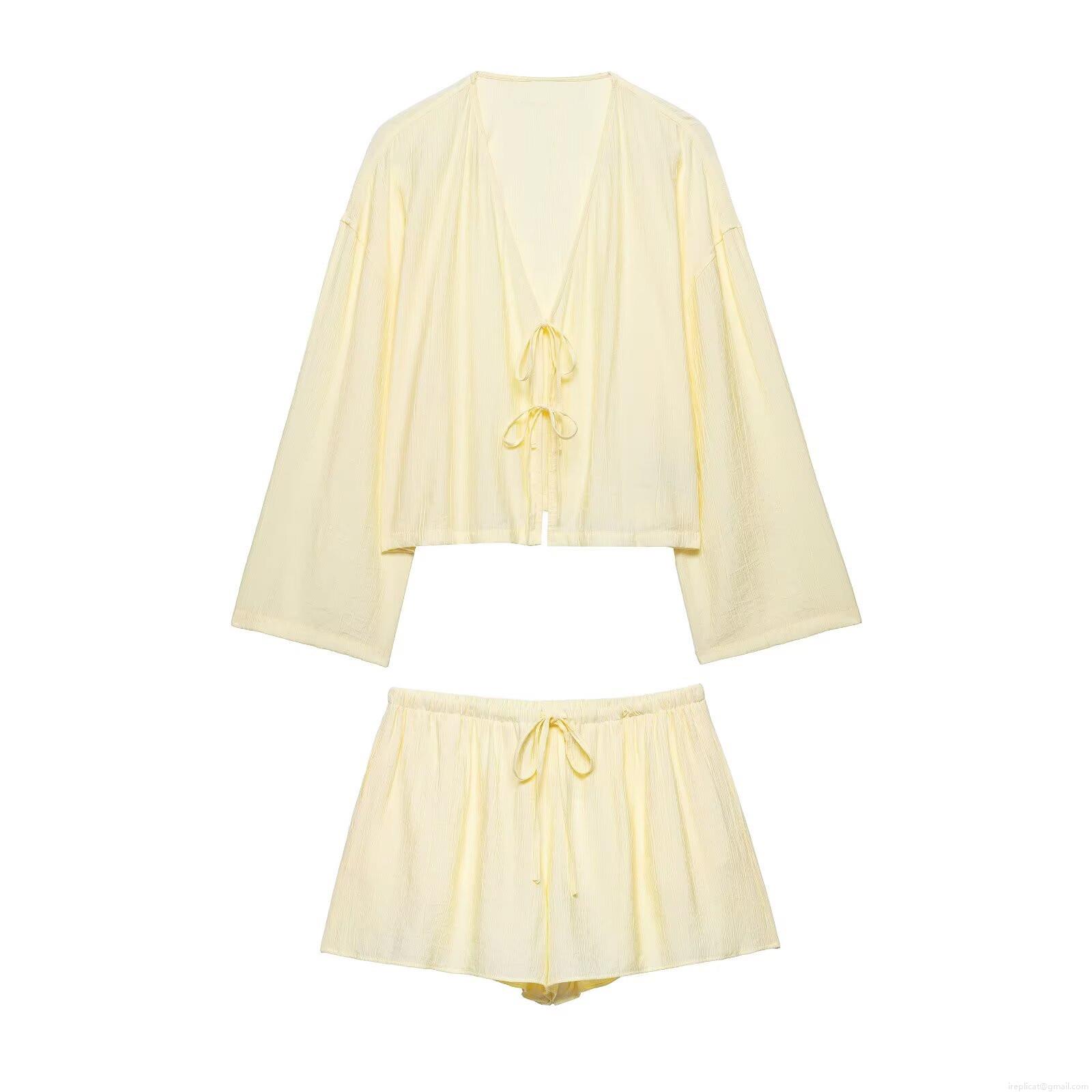 Women's 2-Piece Loungewear Set Pleated Texture Kimono Style Tie-Front Long Sleeve Top And Drawstring Waist Shorts Casual Summer Lightweight Outfit