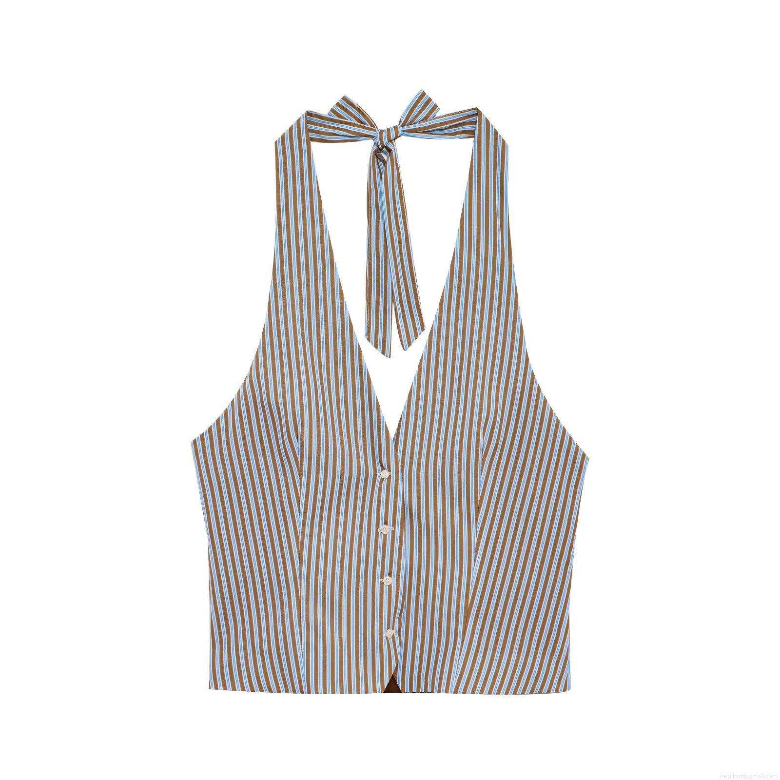 Women\'s Striped Halter Neck Top and Pants Set Cotton Blend Sleeveless Button Down Vest and Elastic Waist Trousers Casual Loungewear Suit Streetwear