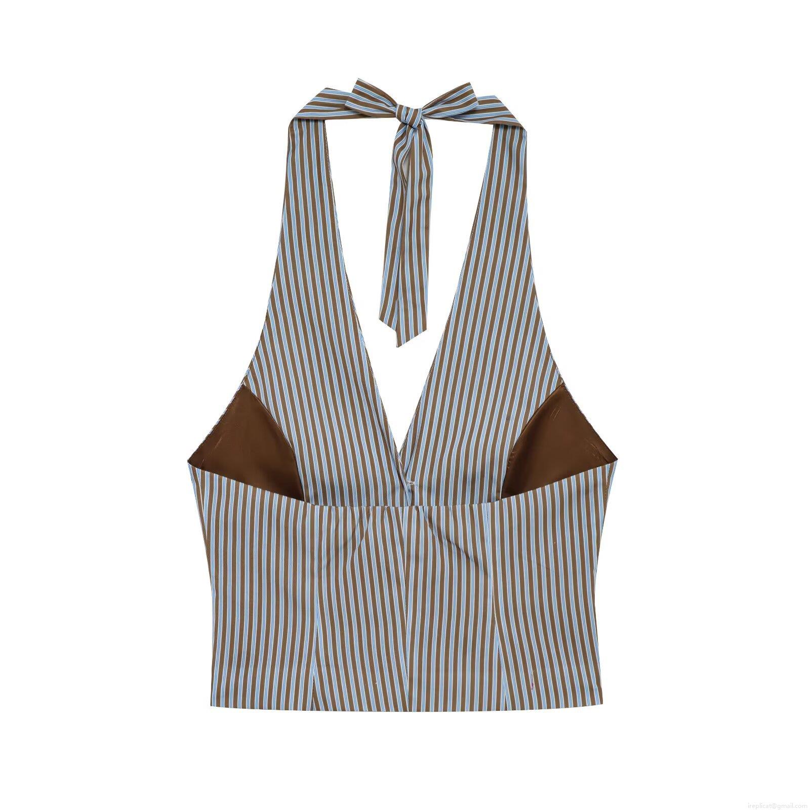 Women\'s Striped Halter Neck Top and Pants Set Cotton Blend Sleeveless Button Down Vest and Elastic Waist Trousers Casual Loungewear Suit Streetwear